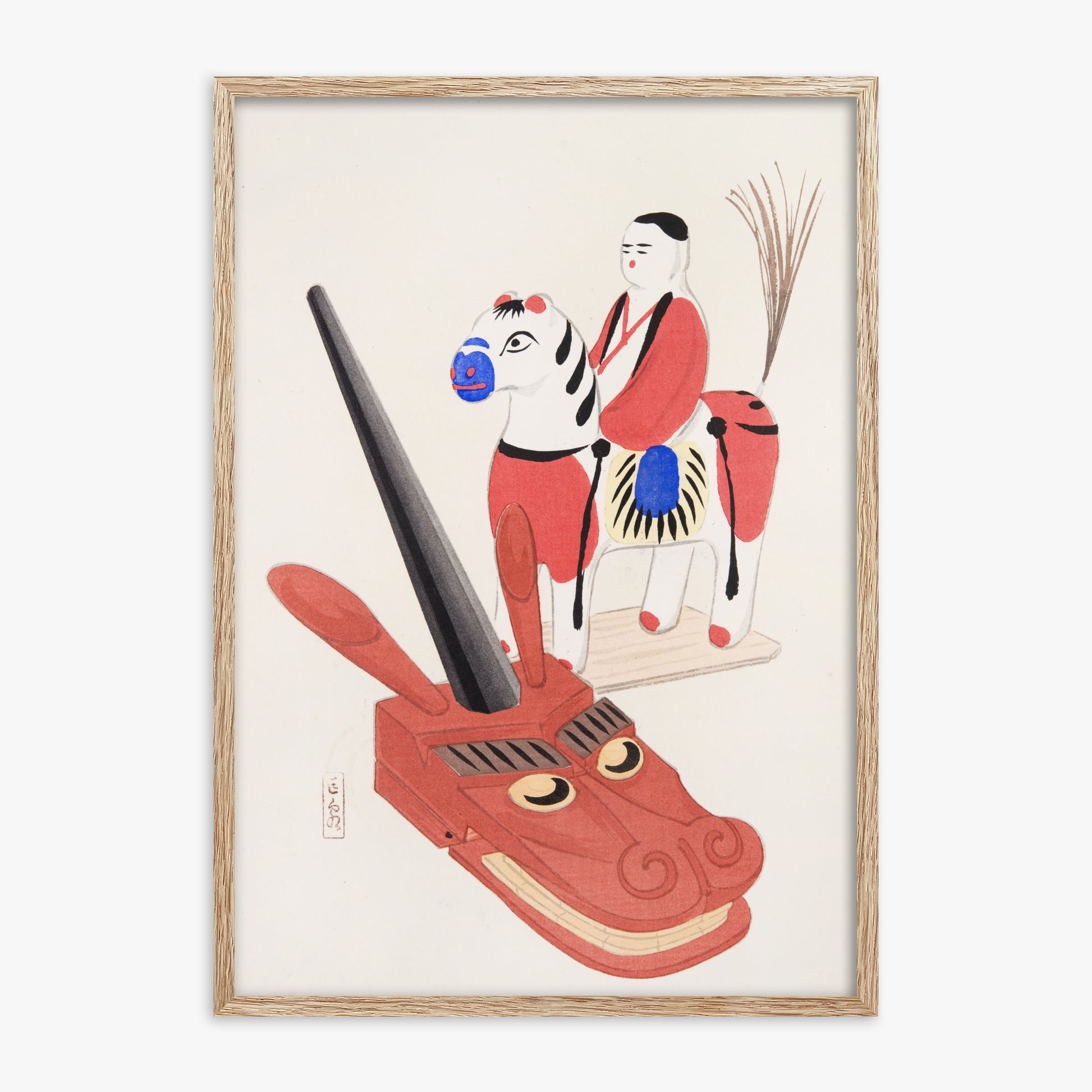 Kawasaki Kyosen: Kyosen’s Collected Illustrations of Japanese Toys Nr. 73 ("Eastern Folk Toys"), 70x100cm Framed Art Reproduction With Raw Oak Frame