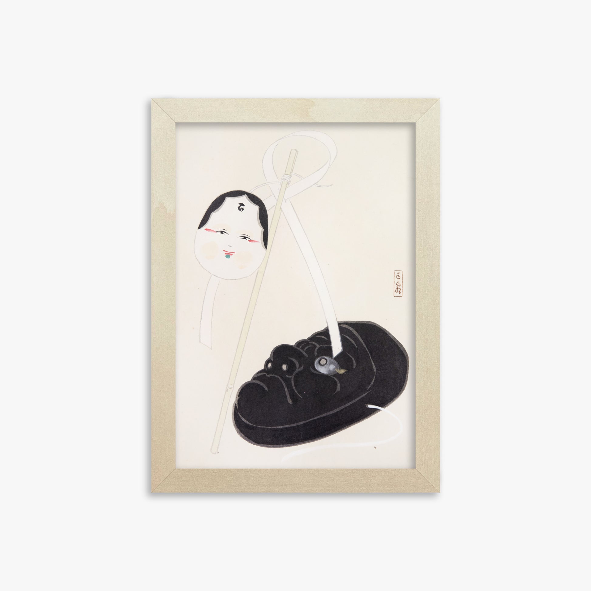 Kawasaki Kyosen: Kyosen’s Collected Illustrations of Japanese Toys Nr. 74 ("Yin and Yang Japanese Masks"), 21x30cm Framed Art Reproduction With Lime Wood Frame