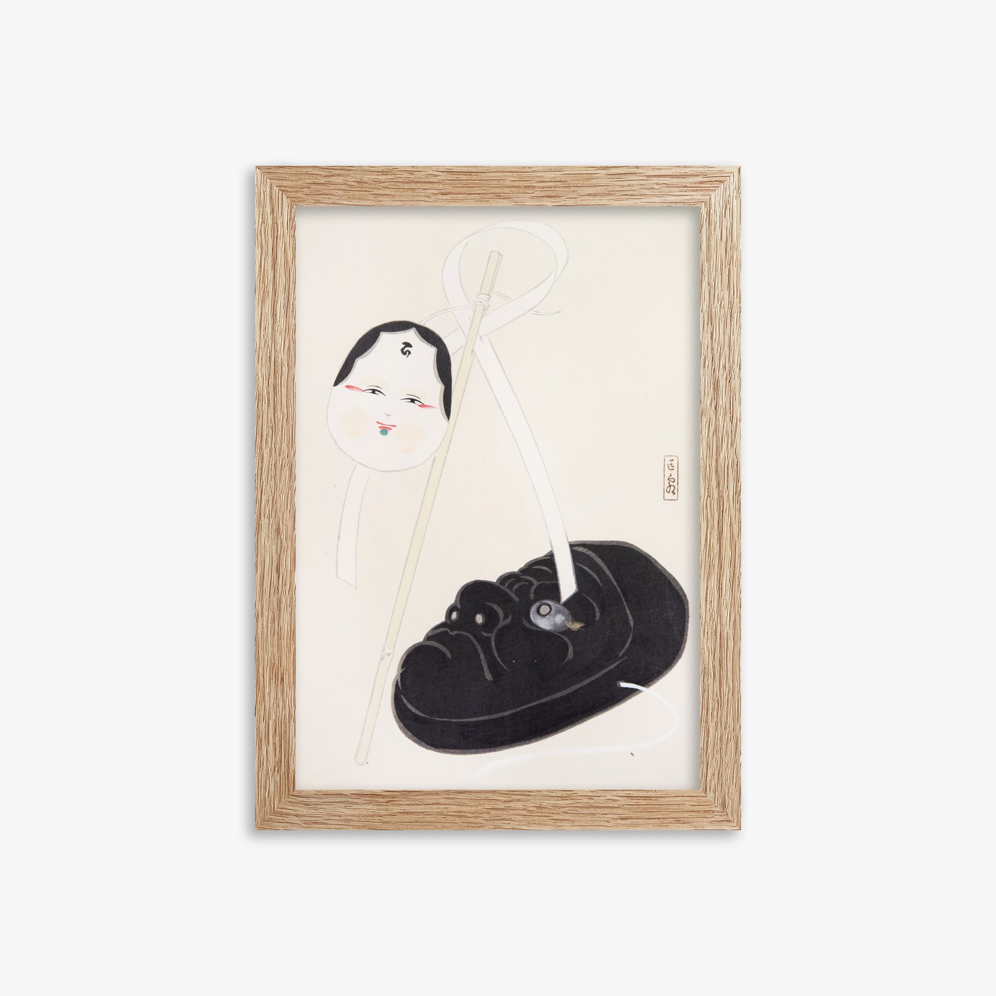Kawasaki Kyosen: Kyosen’s Collected Illustrations of Japanese Toys Nr. 74 ("Yin and Yang Japanese Masks"), 21x30cm Framed Art Reproduction With Raw Oak Frame