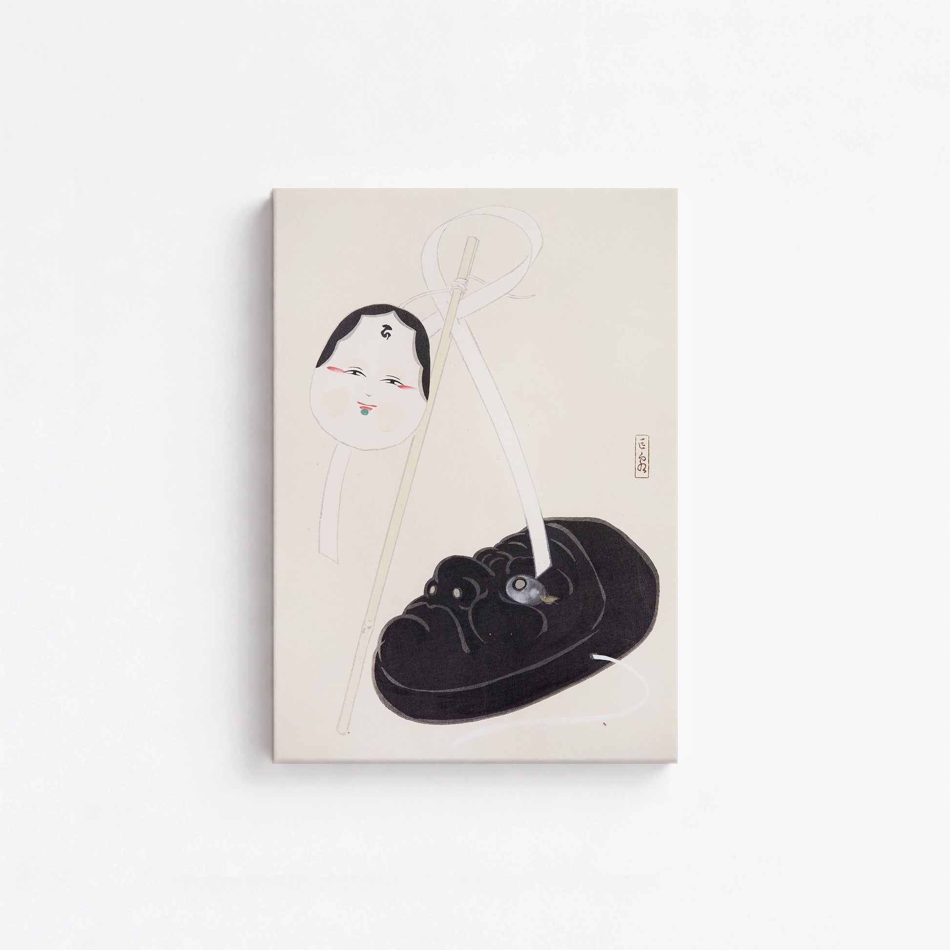 Kawasaki Kyosen: Kyosen’s Collected Illustrations of Japanese Toys Nr. 74 ("Yin and Yang Japanese Masks"), 21x30cm Satin Canvas Art Reproduction