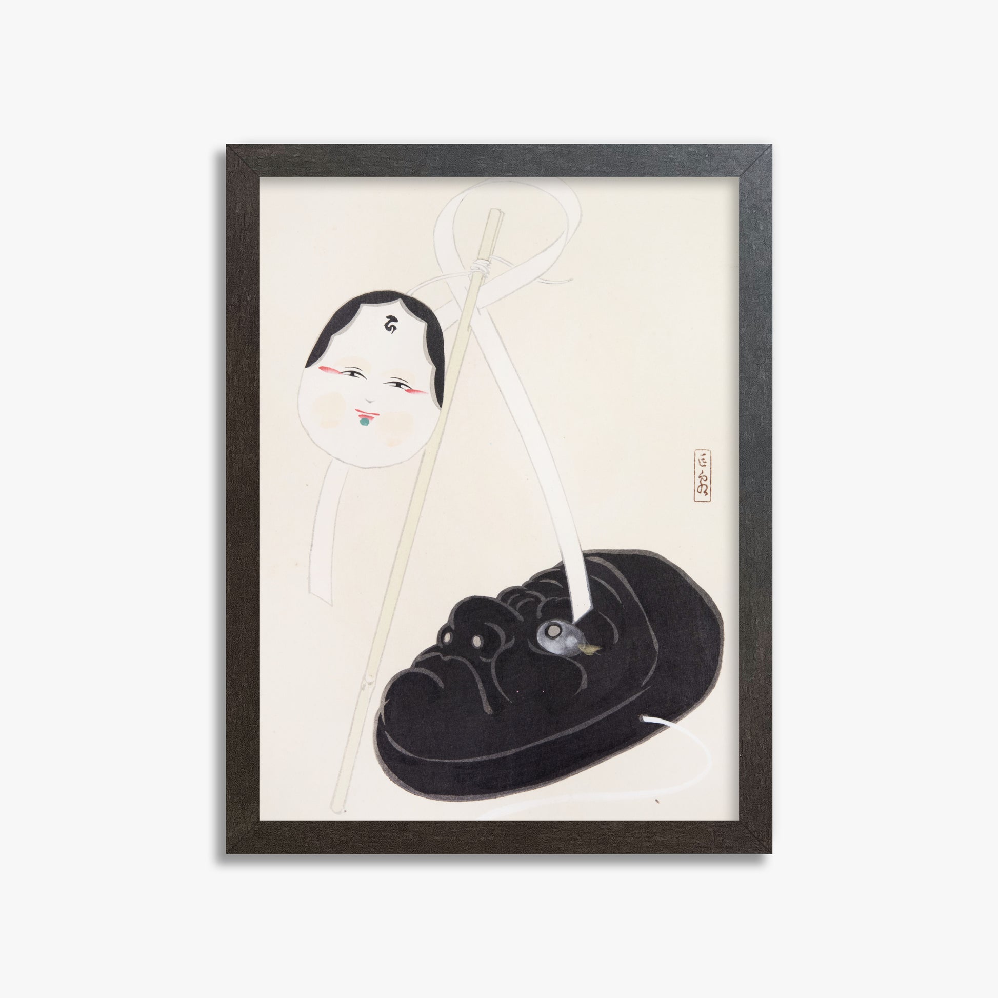 Kawasaki Kyosen: Kyosen’s Collected Illustrations of Japanese Toys Nr. 74 ("Yin and Yang Japanese Masks"), 30x40cm Framed Art Reproduction With Espresso Frame