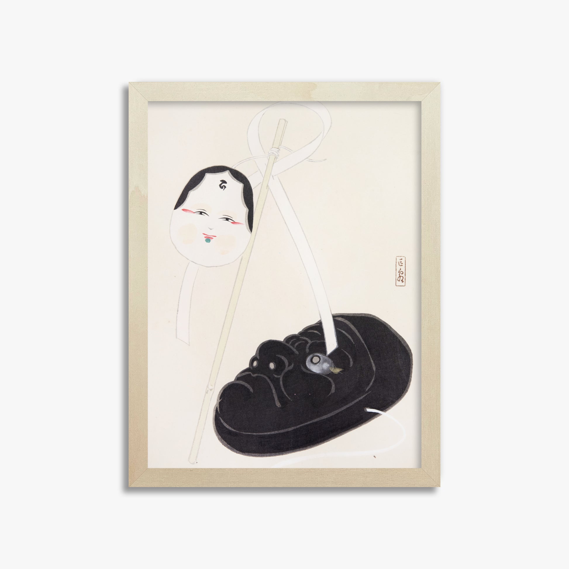 Kawasaki Kyosen: Kyosen’s Collected Illustrations of Japanese Toys Nr. 74 ("Yin and Yang Japanese Masks"), 30x40cm Framed Art Reproduction With Lime Wood Frame