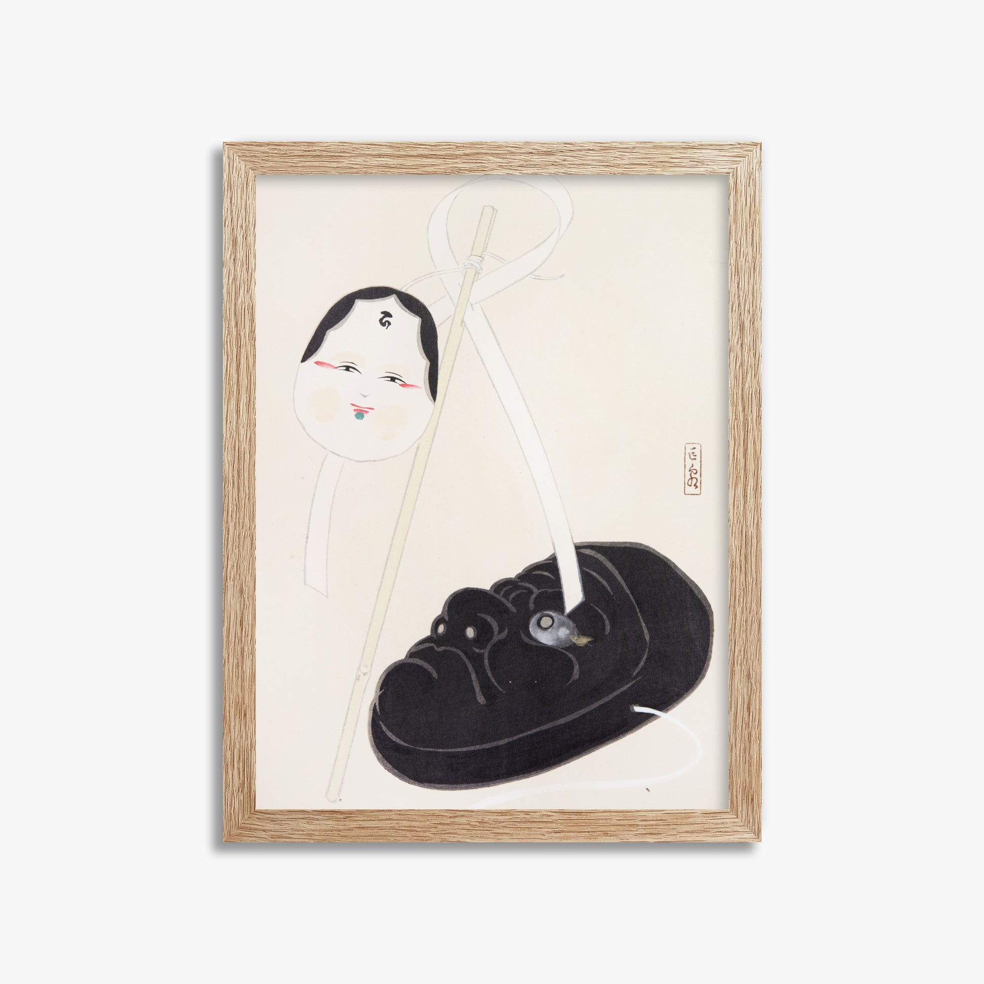 Kawasaki Kyosen: Kyosen’s Collected Illustrations of Japanese Toys Nr. 74 ("Yin and Yang Japanese Masks"), 30x40cm Framed Art Reproduction With Raw Oak Frame