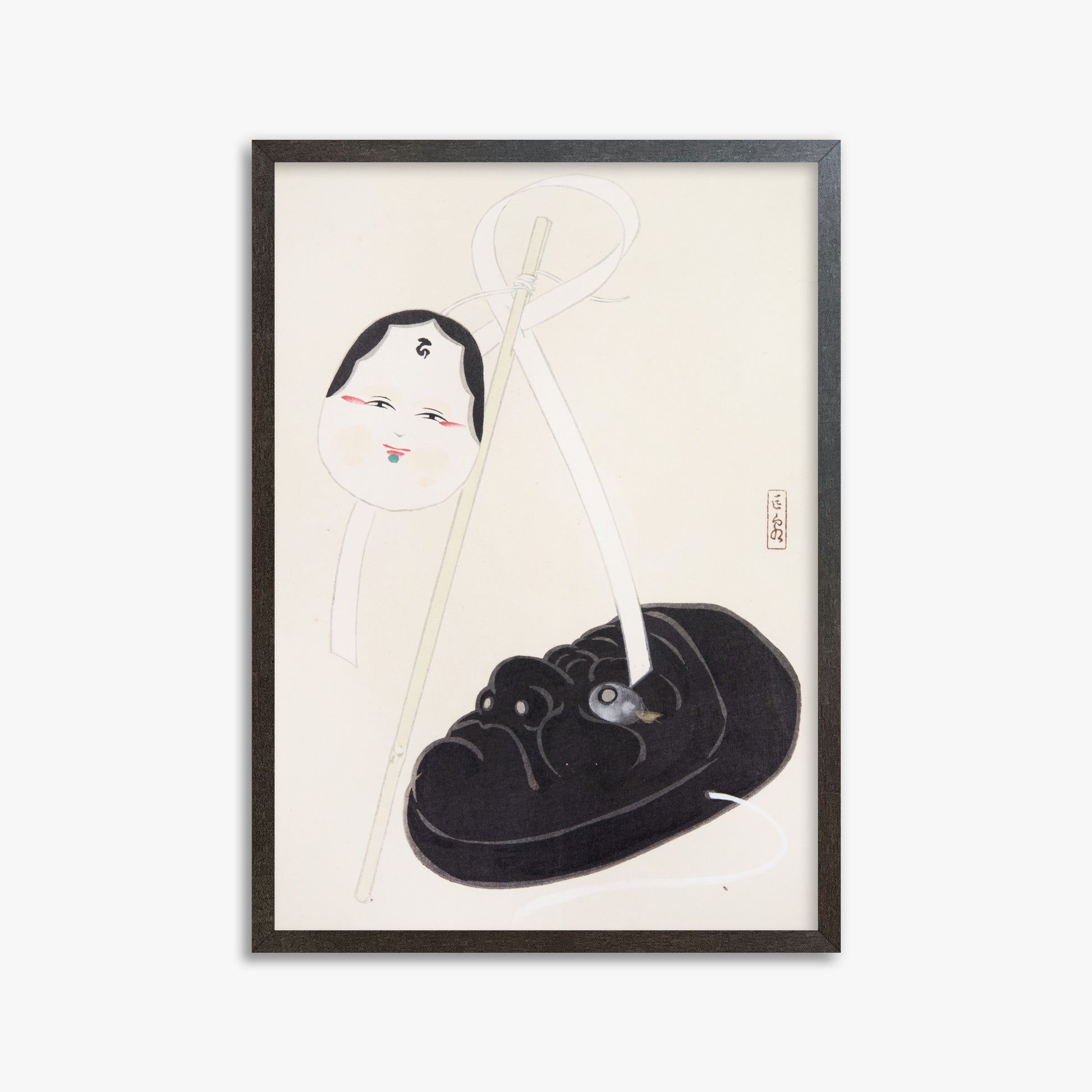 Kawasaki Kyosen: Kyosen’s Collected Illustrations of Japanese Toys Nr. 74 ("Yin and Yang Japanese Masks"), 50x70cm Framed Art Reproduction With Espresso Frame