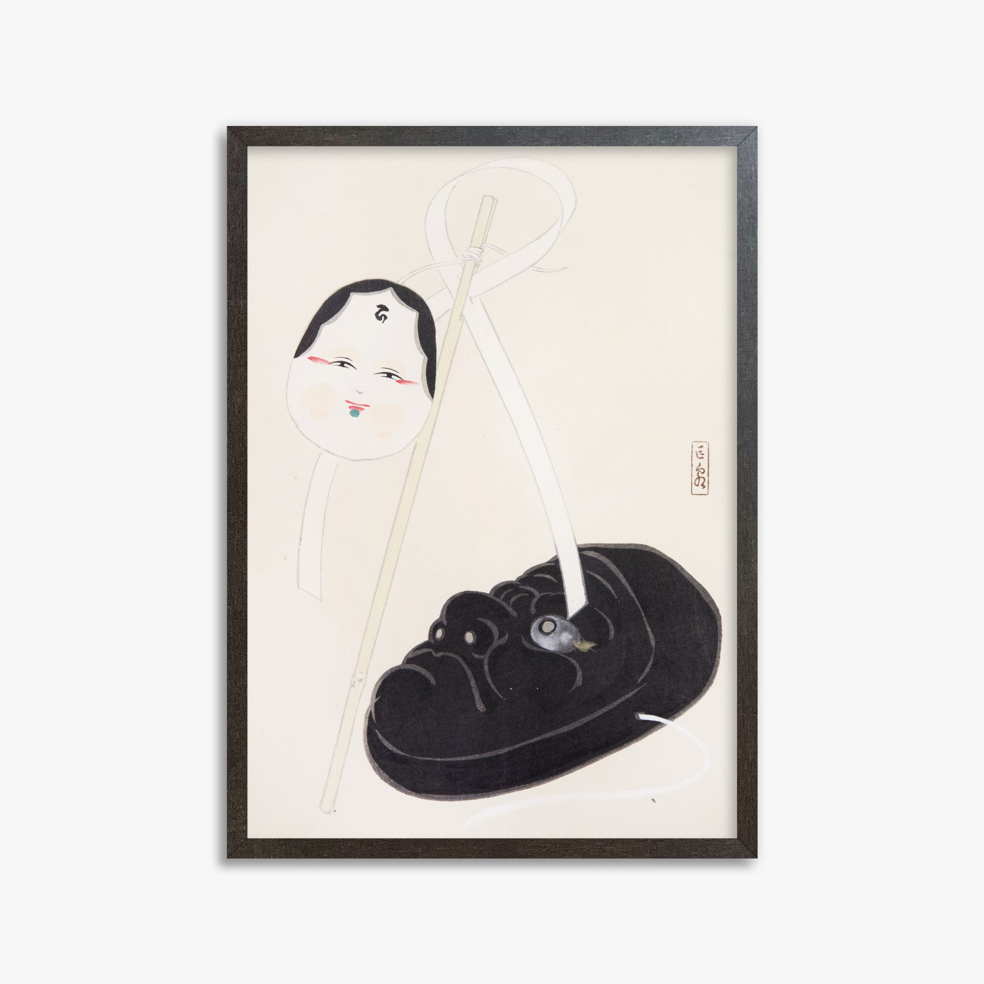 Kawasaki Kyosen: Kyosen’s Collected Illustrations of Japanese Toys Nr. 74 ("Yin and Yang Japanese Masks"), 50x70cm Framed Art Reproduction With Espresso Frame