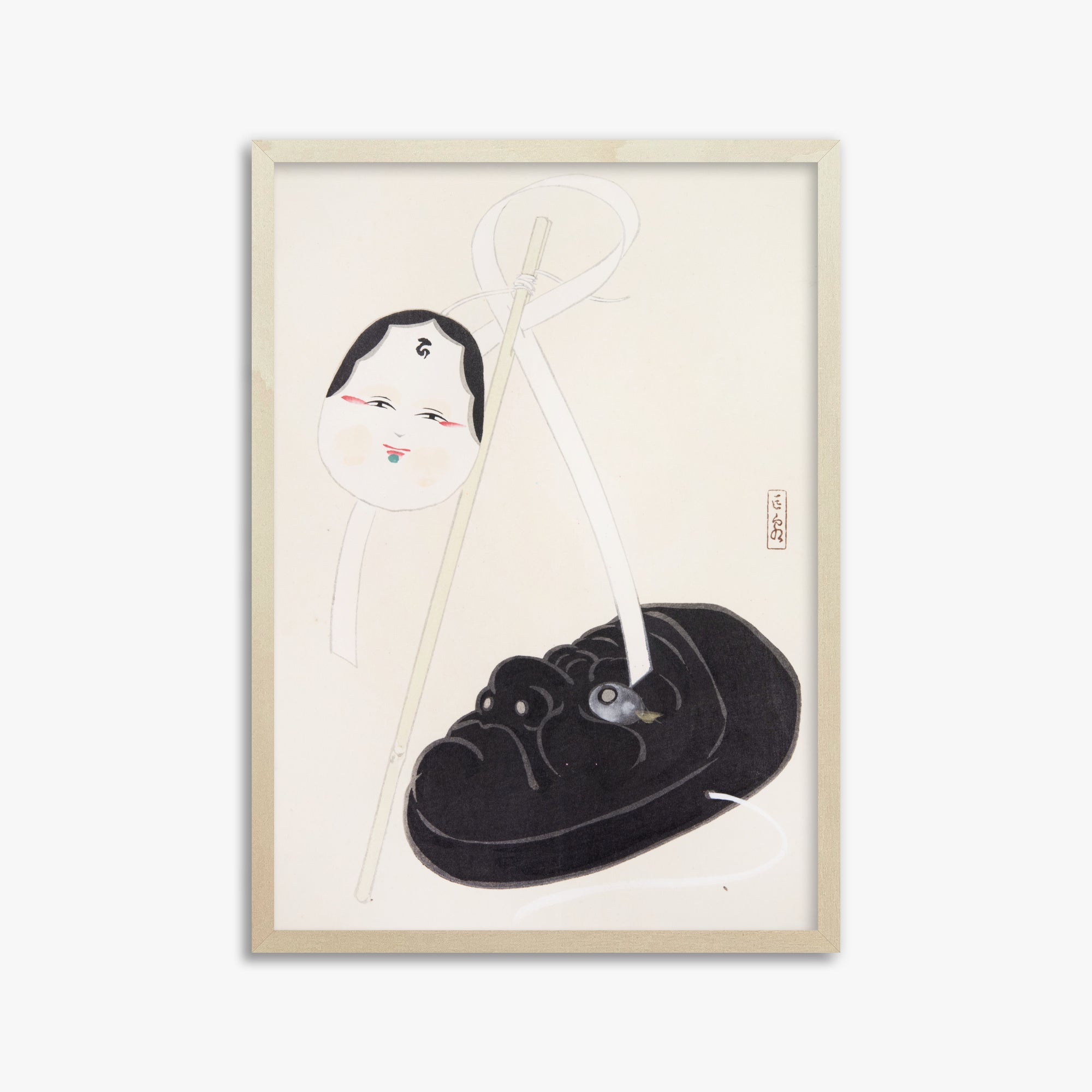 Kawasaki Kyosen: Kyosen’s Collected Illustrations of Japanese Toys Nr. 74 ("Yin and Yang Japanese Masks"), 50x70cm Framed Art Reproduction With Lime Wood Frame