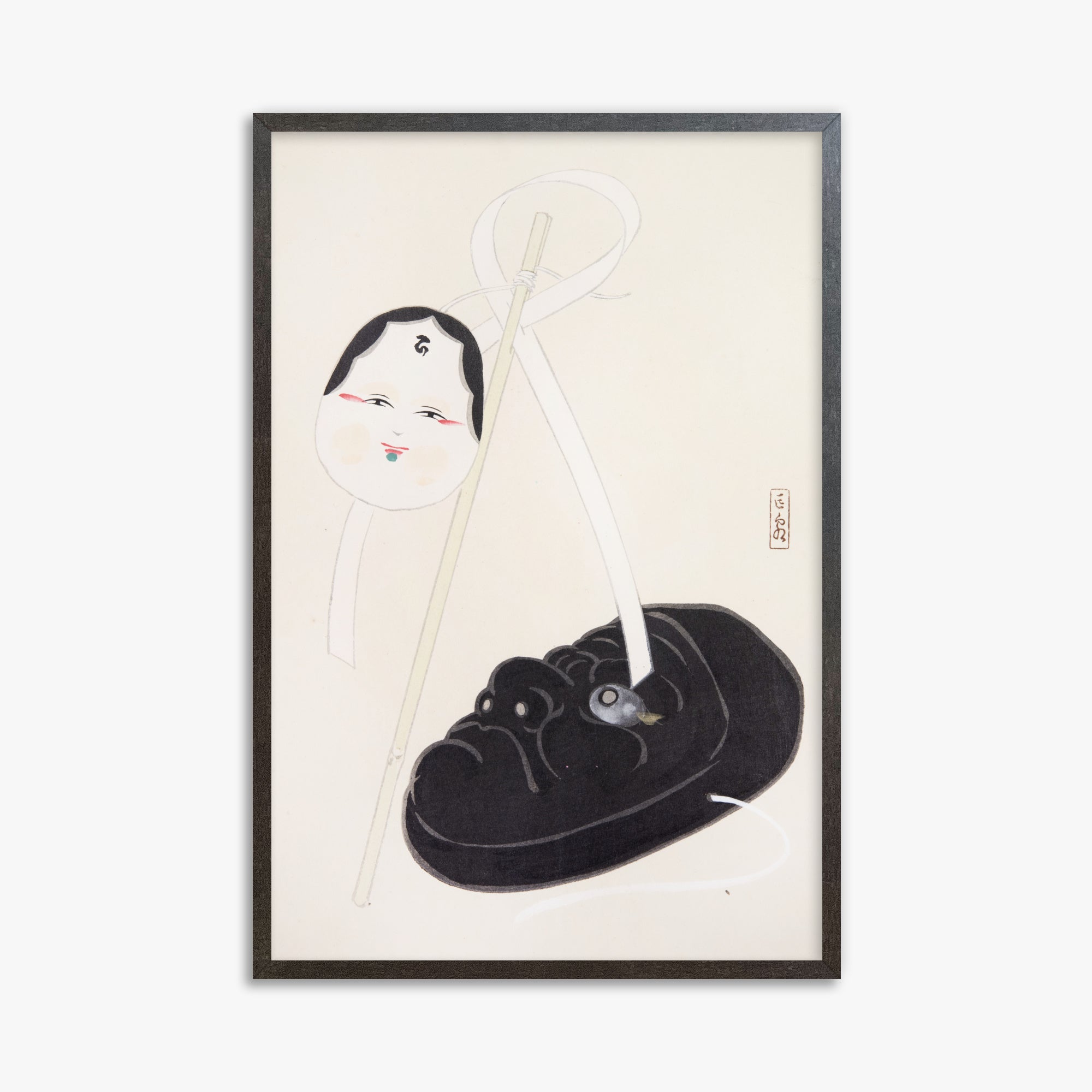 Kawasaki Kyosen: Kyosen’s Collected Illustrations of Japanese Toys Nr. 74 ("Yin and Yang Japanese Masks"), 61x91cm Framed Art Reproduction With Espresso Frame