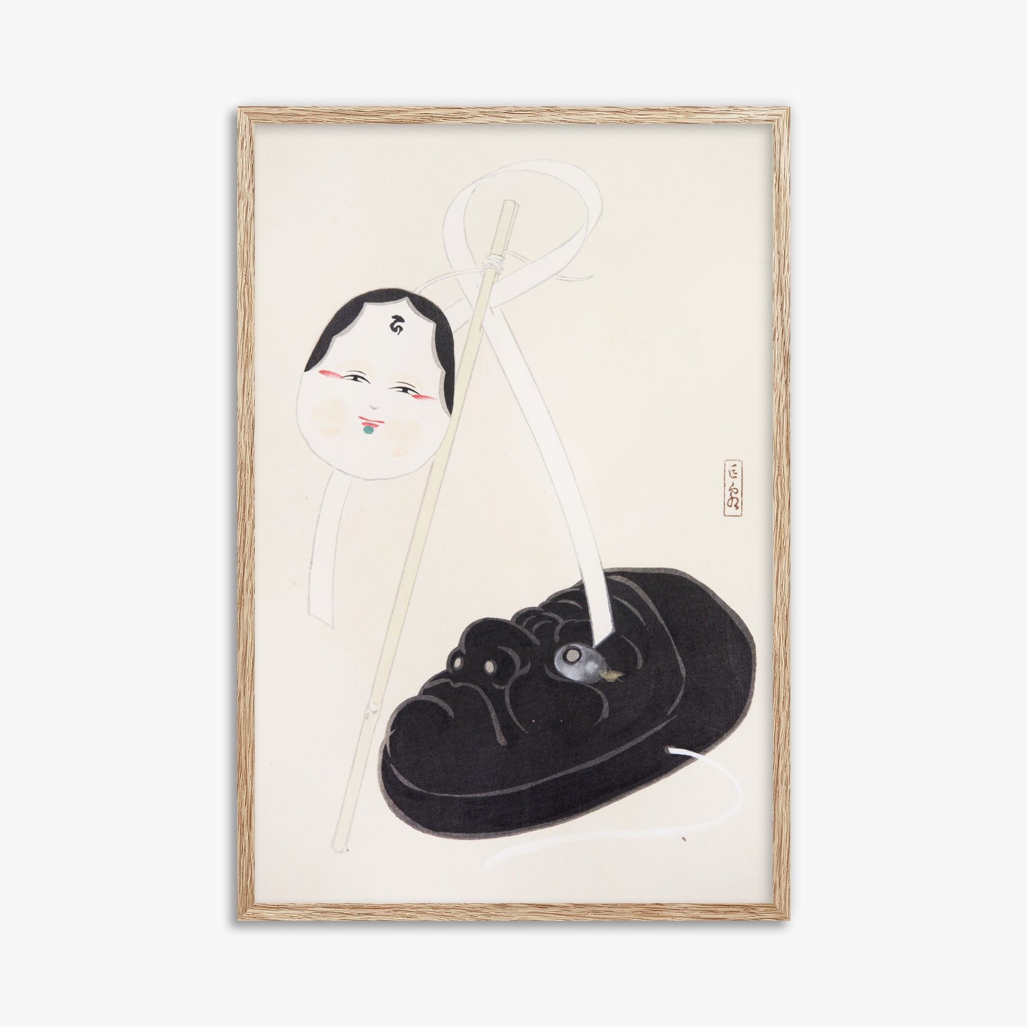 Kawasaki Kyosen: Kyosen’s Collected Illustrations of Japanese Toys Nr. 74 ("Yin and Yang Japanese Masks"), 61x91cm Framed Art Reproduction With Raw Oak Frame