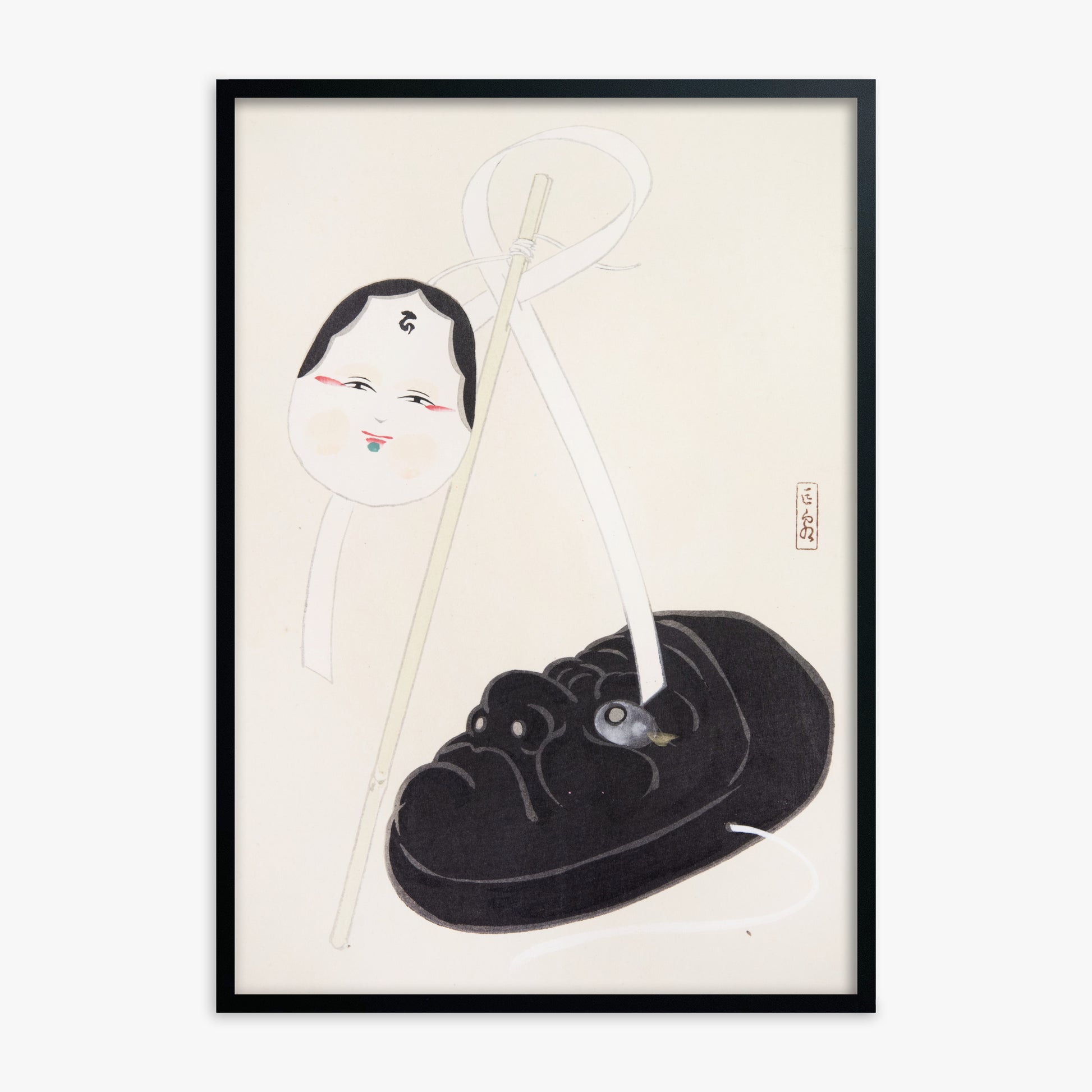 Kawasaki Kyosen: Kyosen’s Collected Illustrations of Japanese Toys Nr. 74 ("Yin and Yang Japanese Masks"), Black Framed Art Reproduction With Black Frame