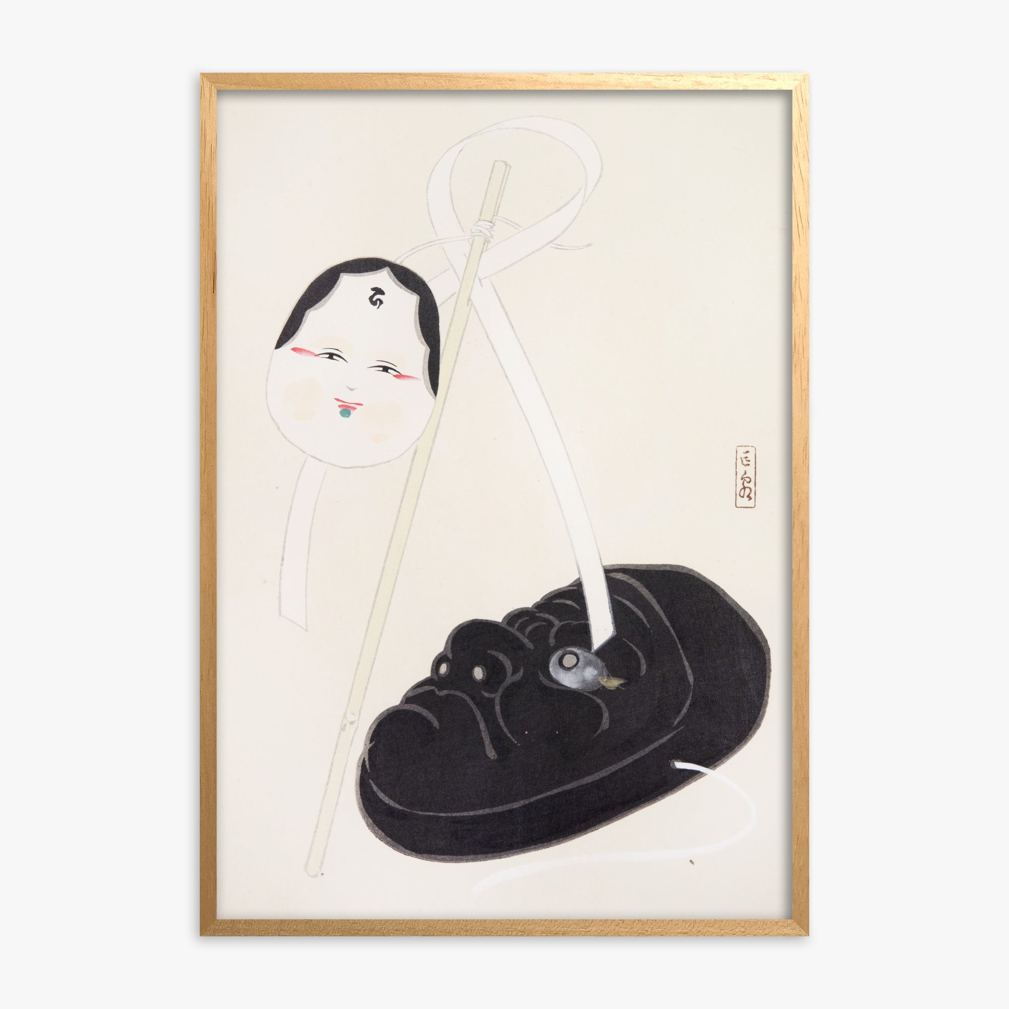 Kawasaki Kyosen: Kyosen’s Collected Illustrations of Japanese Toys Nr. 74 ("Yin and Yang Japanese Masks"), Oak Framed Art Reproduction With Oak Frame