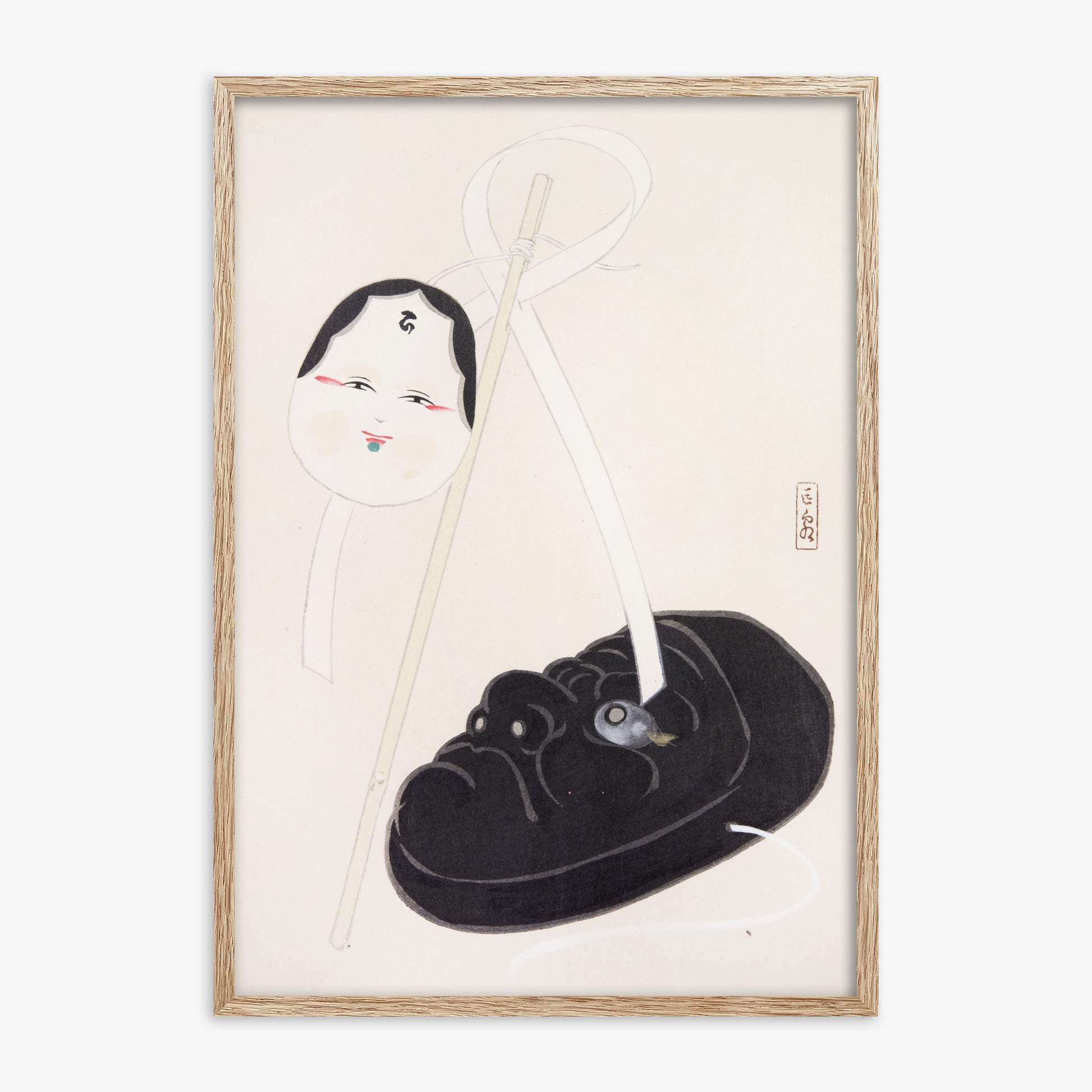 Kawasaki Kyosen: Kyosen’s Collected Illustrations of Japanese Toys Nr. 74 ("Yin and Yang Japanese Masks"), 70x100cm Framed Art Reproduction With Raw Oak Frame