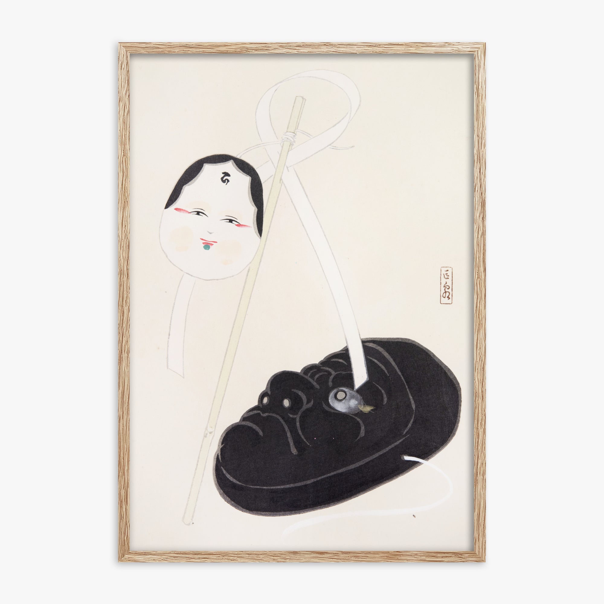Kawasaki Kyosen: Kyosen’s Collected Illustrations of Japanese Toys Nr. 74 ("Yin and Yang Japanese Masks"), 70x100cm Framed Art Reproduction With Raw Oak Frame