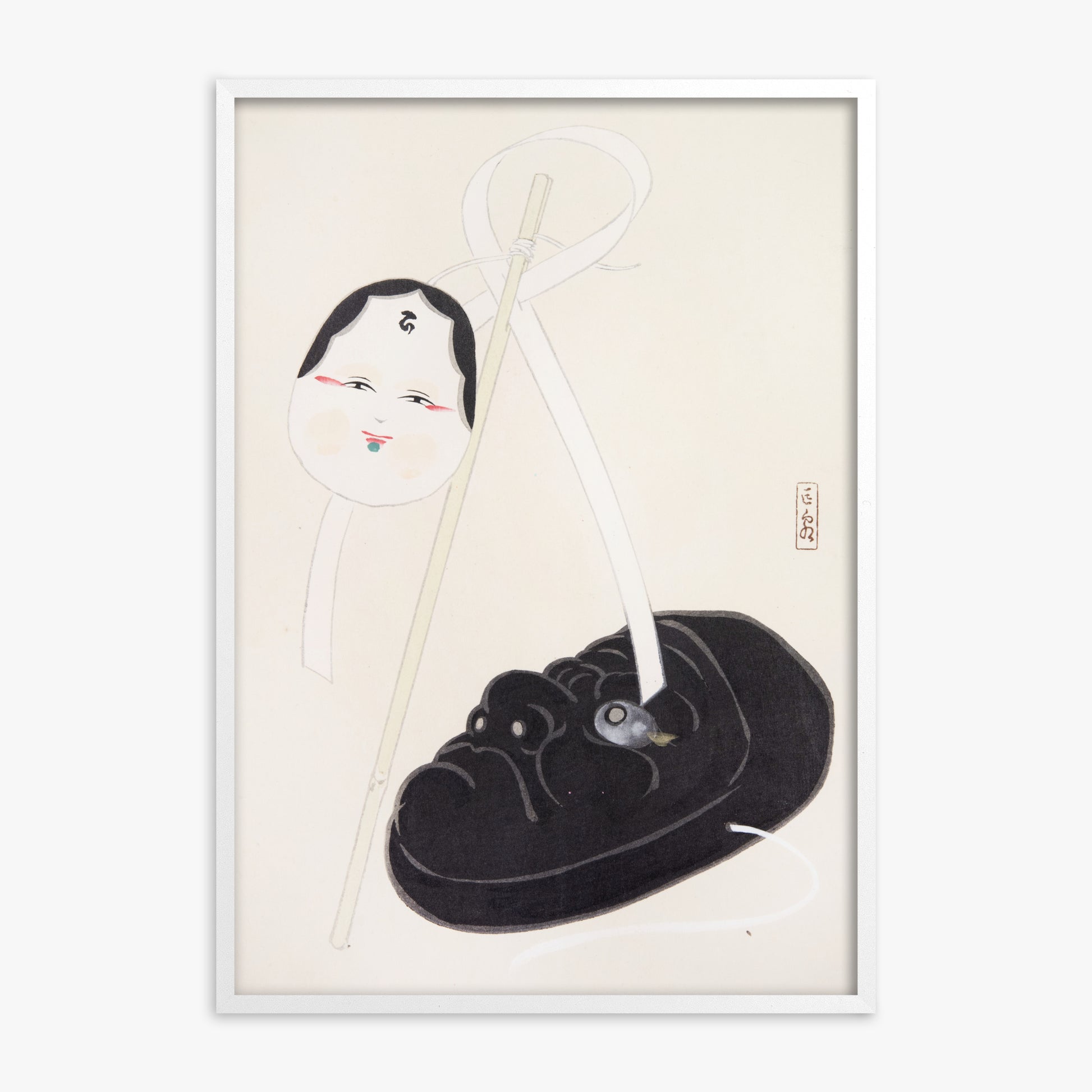 Kawasaki Kyosen: Kyosen’s Collected Illustrations of Japanese Toys Nr. 74 ("Yin and Yang Japanese Masks"), White Framed Art Reproduction With White Frame
