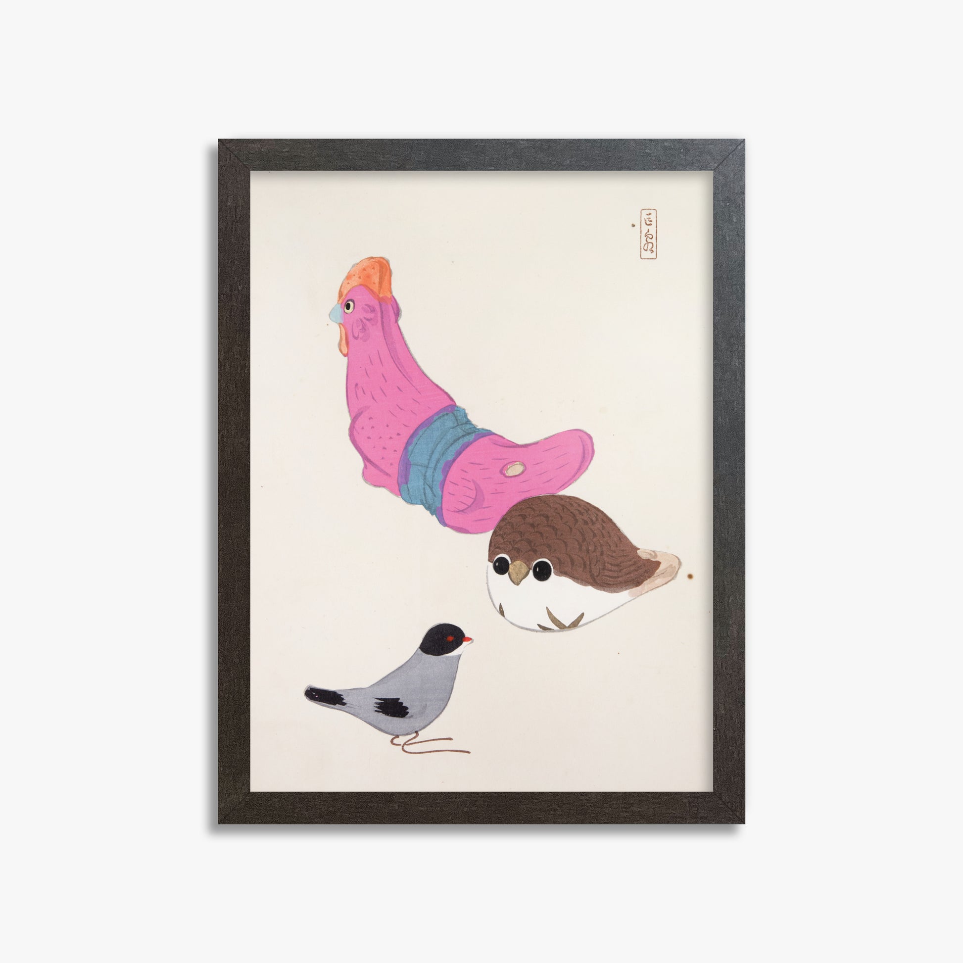 Kawasaki Kyosen: Kyosen’s Collected Illustrations of Japanese Toys Nr. 75 ("Avian Gathering"), 30x40cm Framed Art Reproduction With Espresso Frame