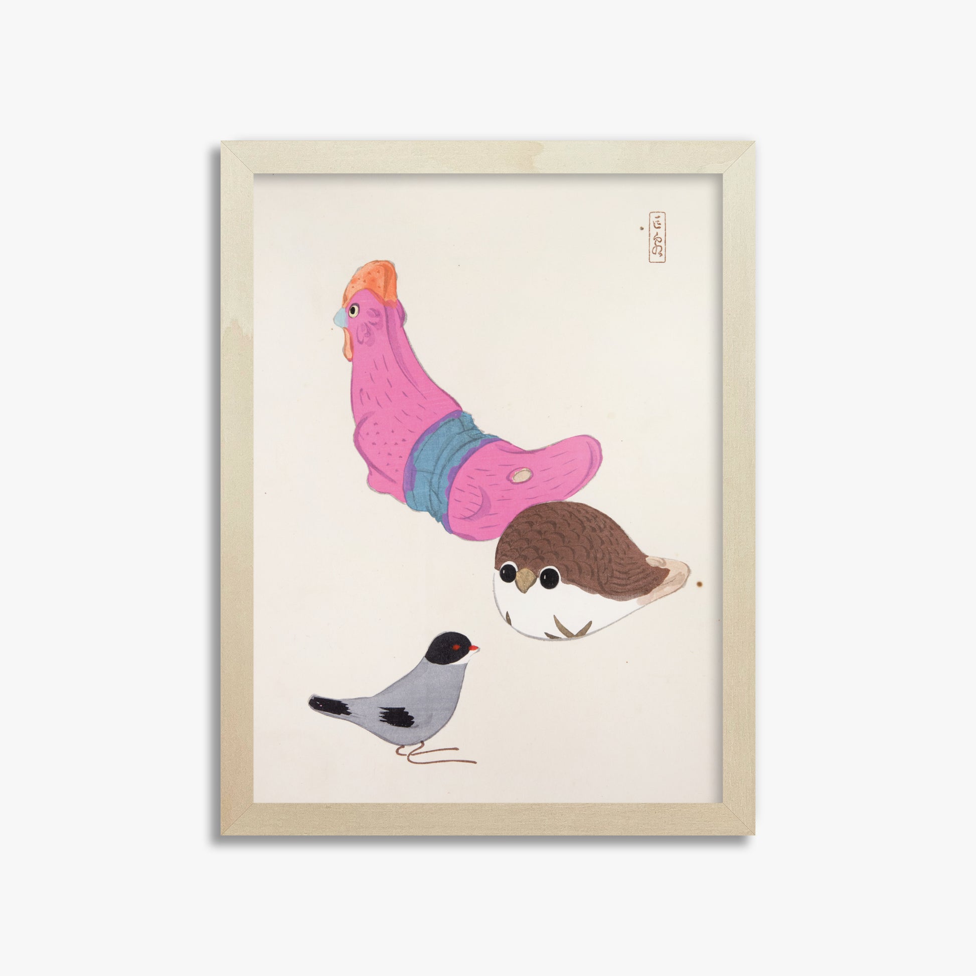 Kawasaki Kyosen: Kyosen’s Collected Illustrations of Japanese Toys Nr. 75 ("Avian Gathering"), 30x40cm Framed Art Reproduction With Lime Wood Frame