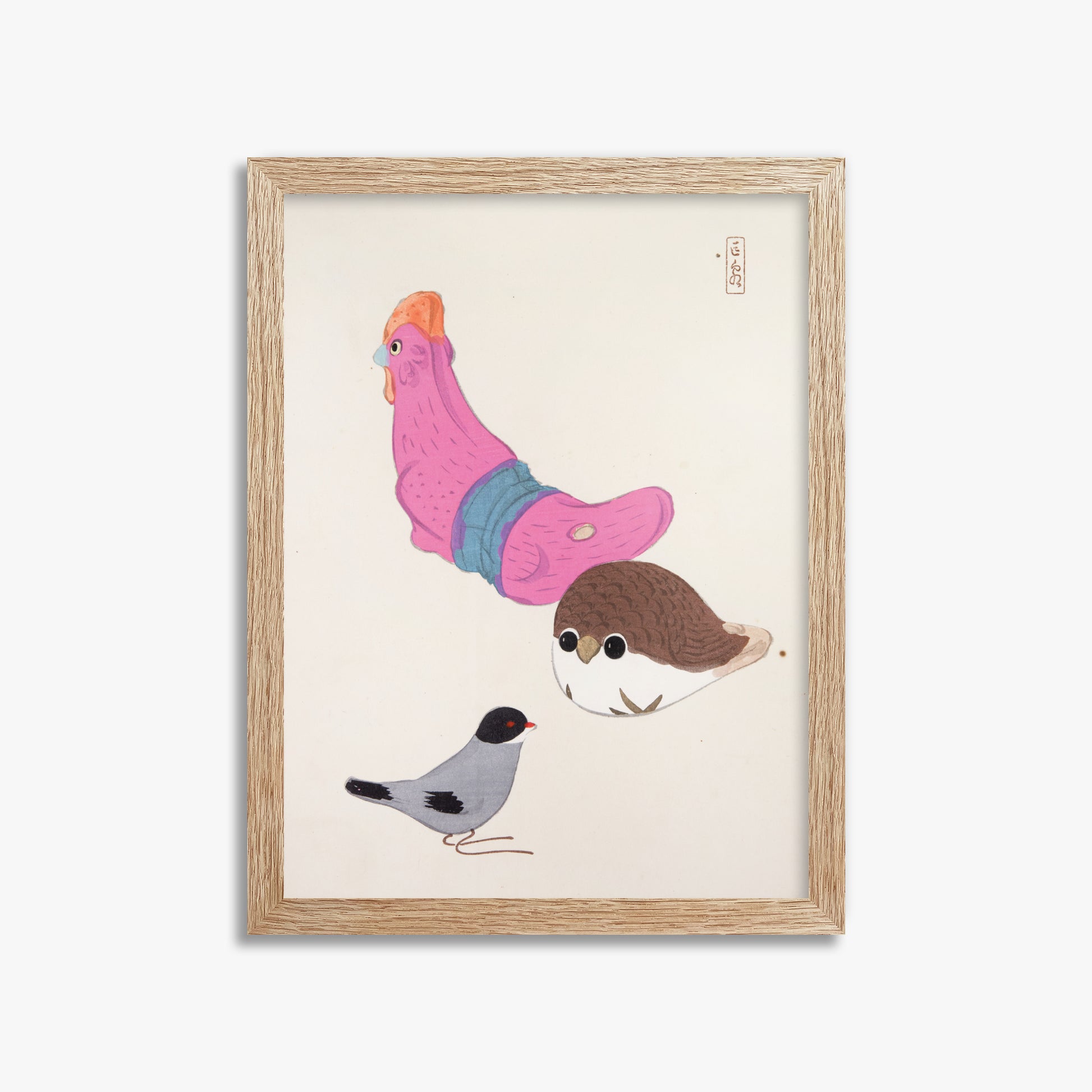 Kawasaki Kyosen: Kyosen’s Collected Illustrations of Japanese Toys Nr. 75 ("Avian Gathering"), 30x40cm Framed Art Reproduction With Raw Oak Frame
