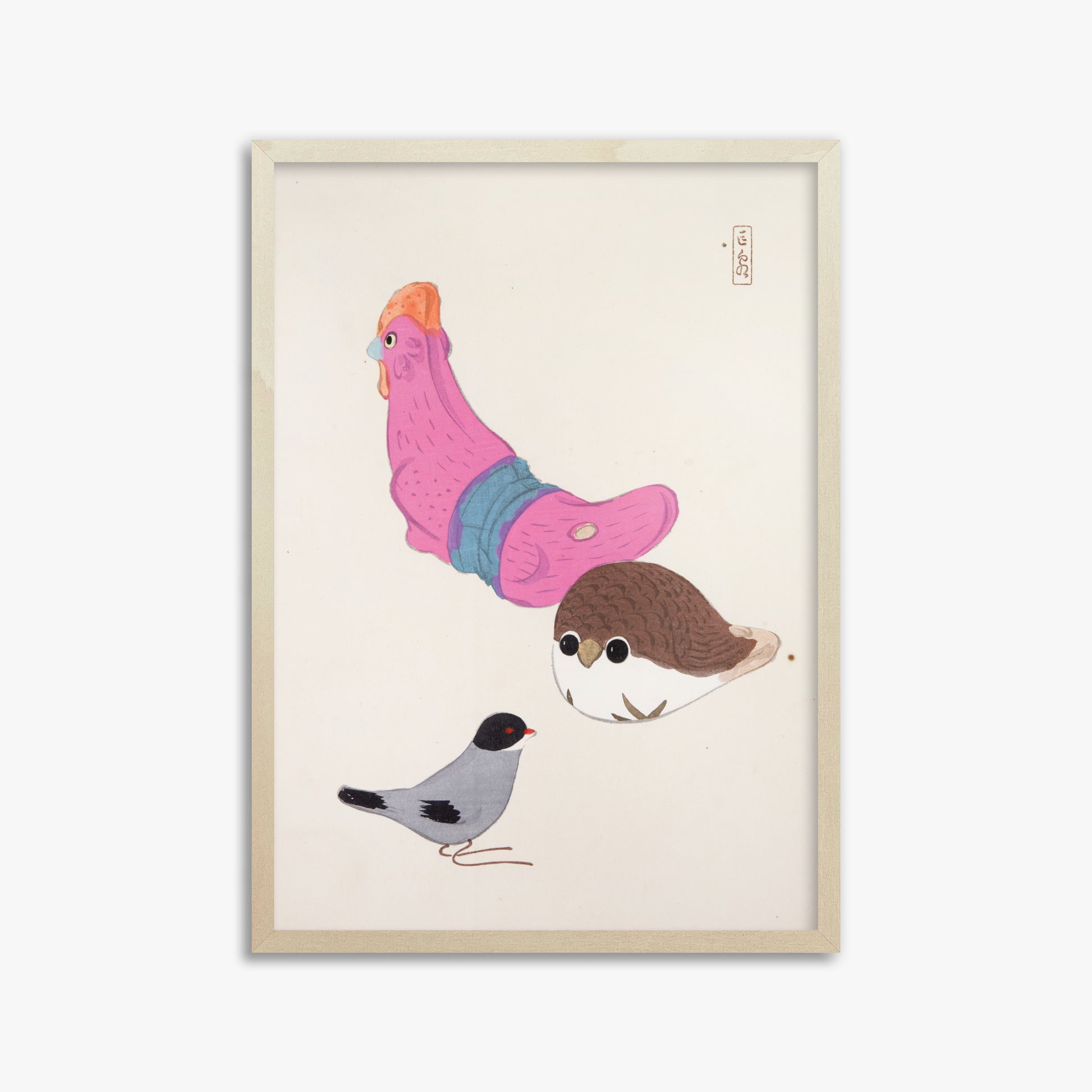 Kawasaki Kyosen: Kyosen’s Collected Illustrations of Japanese Toys Nr. 75 ("Avian Gathering"), 50x70cm Framed Art Reproduction With Lime Wood Frame