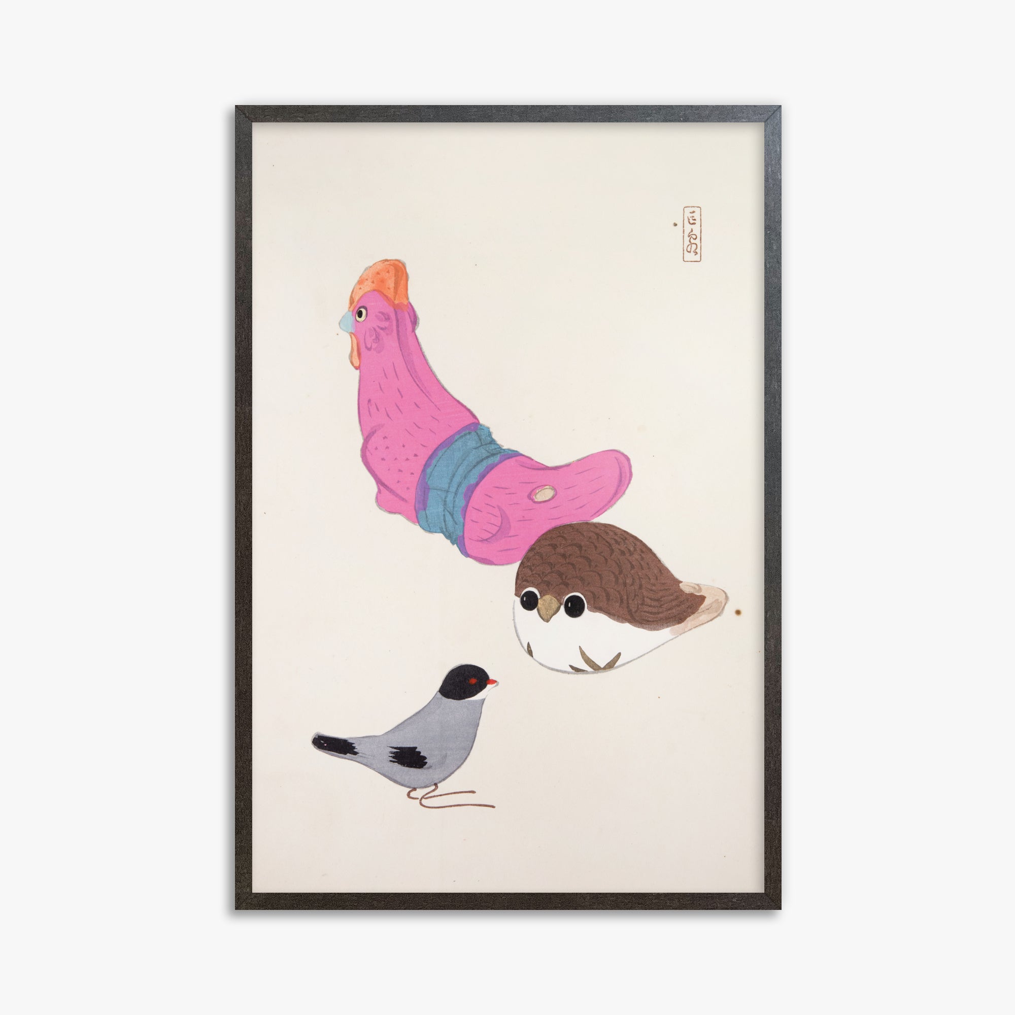 Kawasaki Kyosen: Kyosen’s Collected Illustrations of Japanese Toys Nr. 75 ("Avian Gathering"), 61x91cm Framed Art Reproduction With Espresso Frame