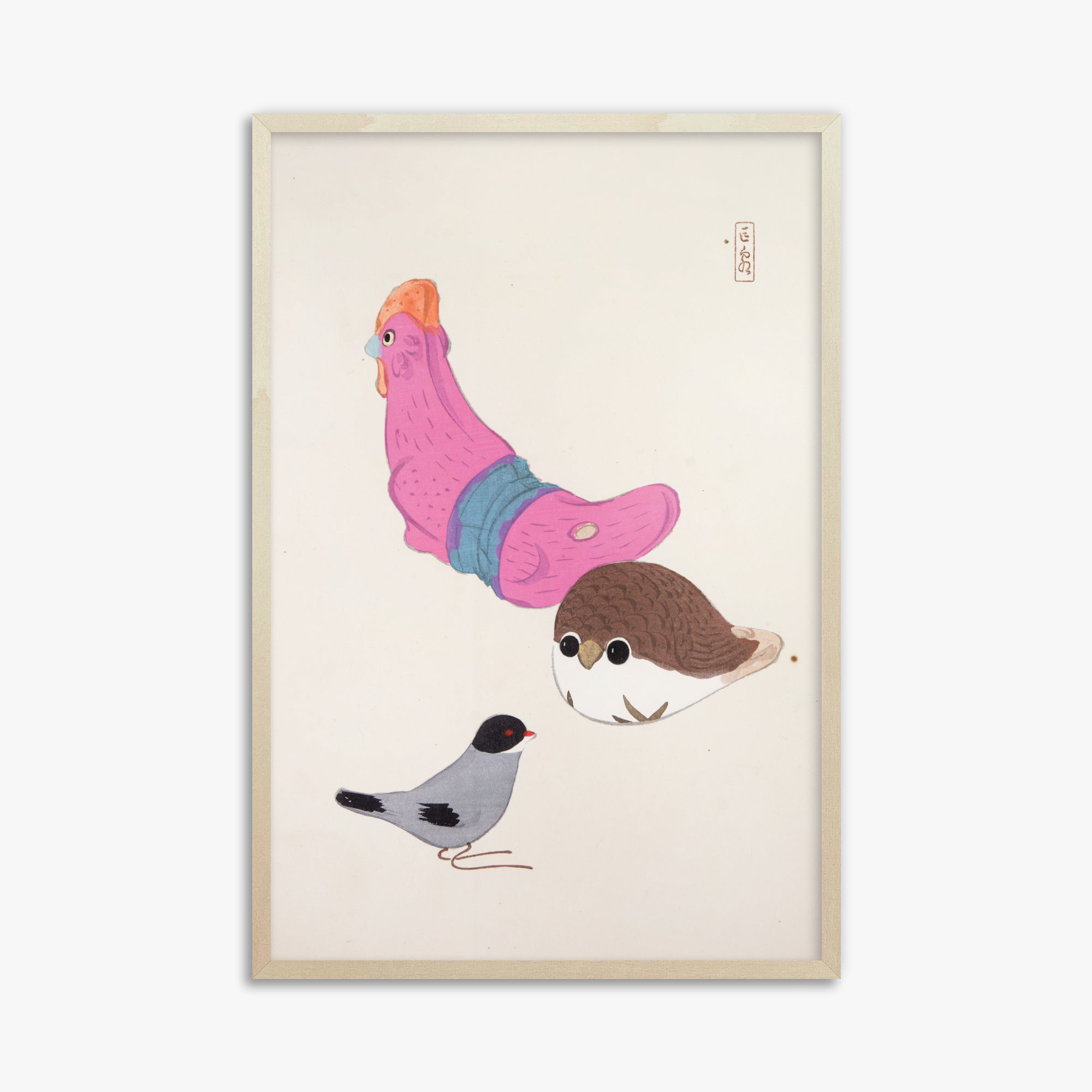 Kawasaki Kyosen: Kyosen’s Collected Illustrations of Japanese Toys Nr. 75 ("Avian Gathering"), 61x91cm Framed Art Reproduction With Lime Wood Frame