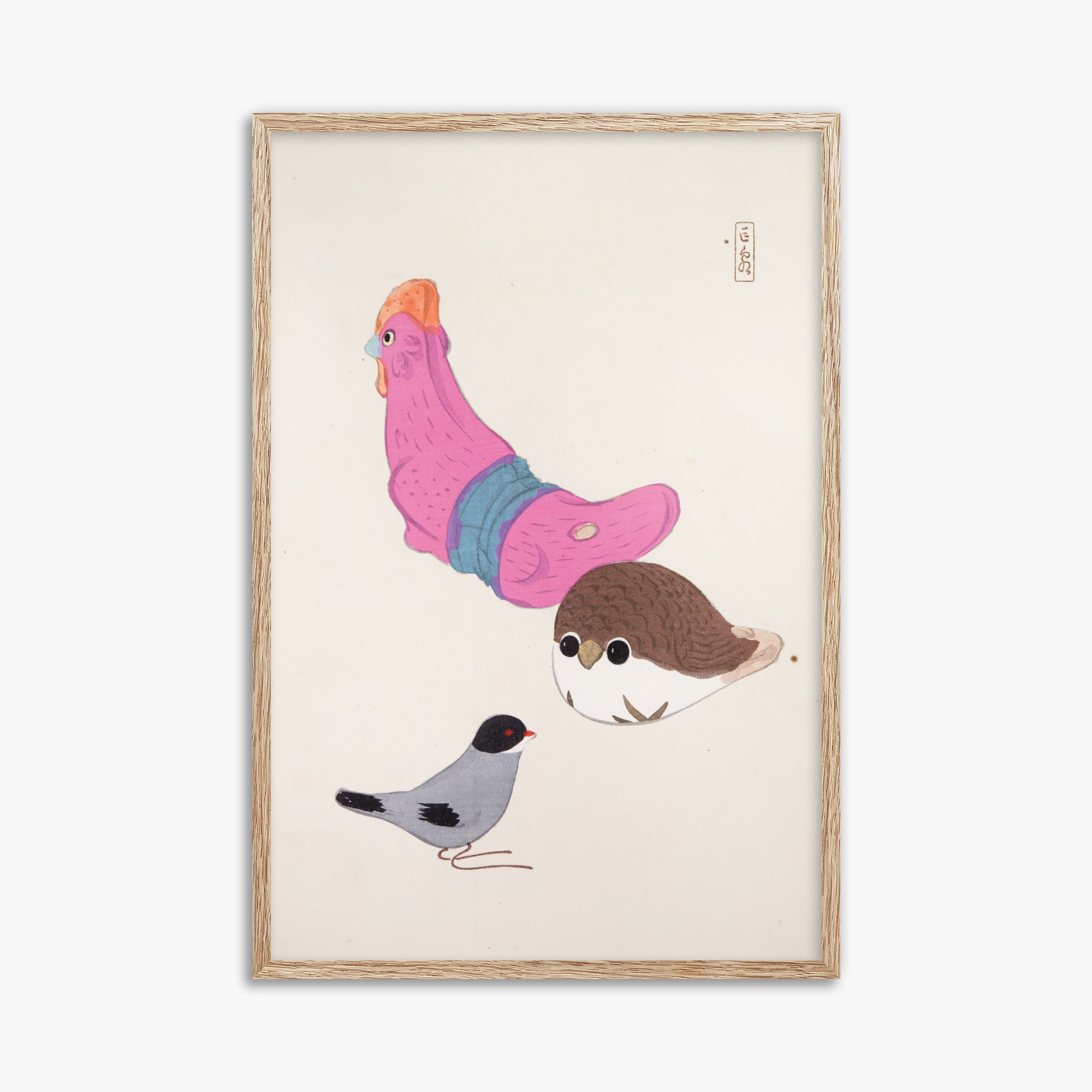 Kawasaki Kyosen: Kyosen’s Collected Illustrations of Japanese Toys Nr. 75 ("Avian Gathering"), 61x91cm Framed Art Reproduction With Raw Oak Frame