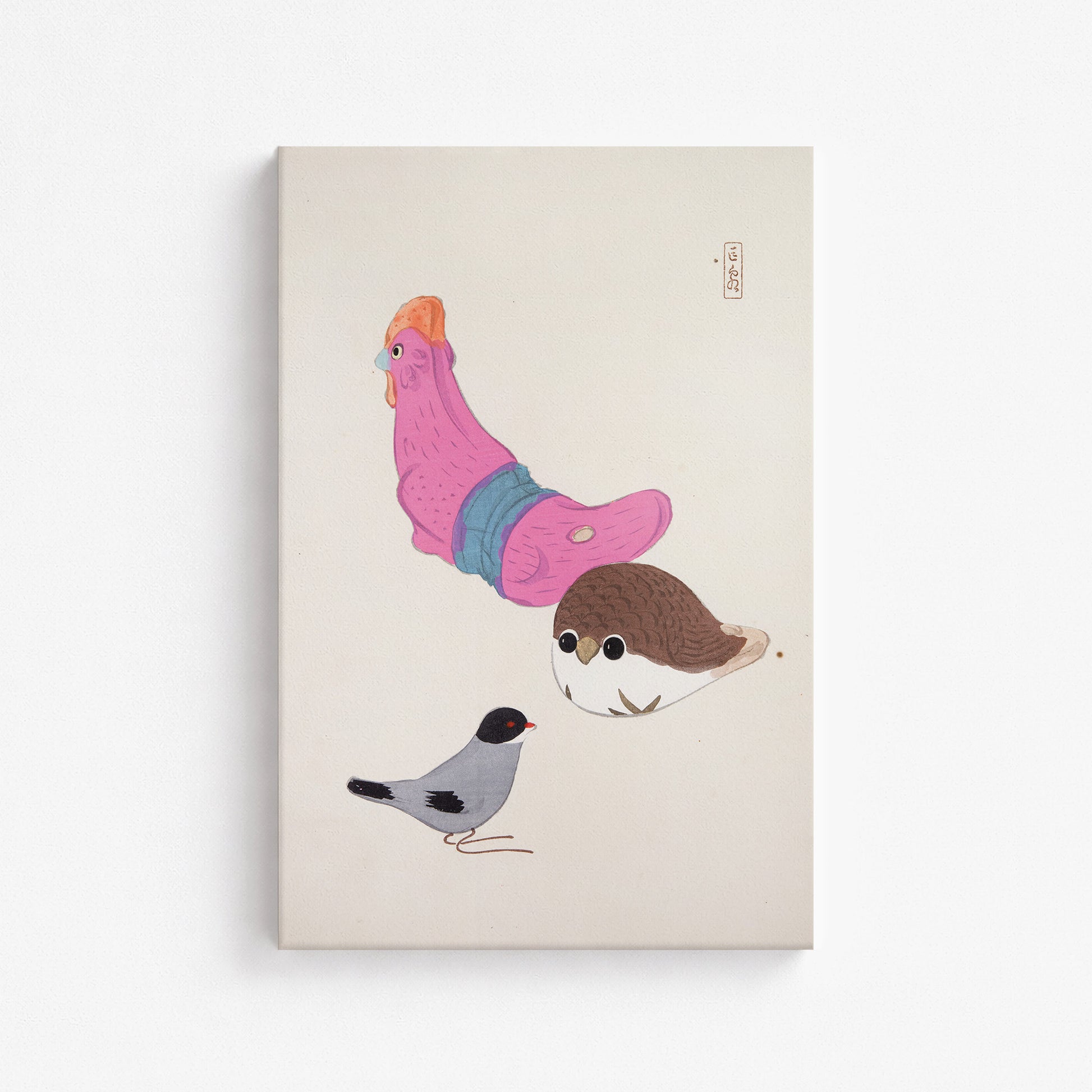 Kawasaki Kyosen: Kyosen’s Collected Illustrations of Japanese Toys Nr. 75 ("Avian Gathering"), 61x91cm Satin Canvas Art Reproduction