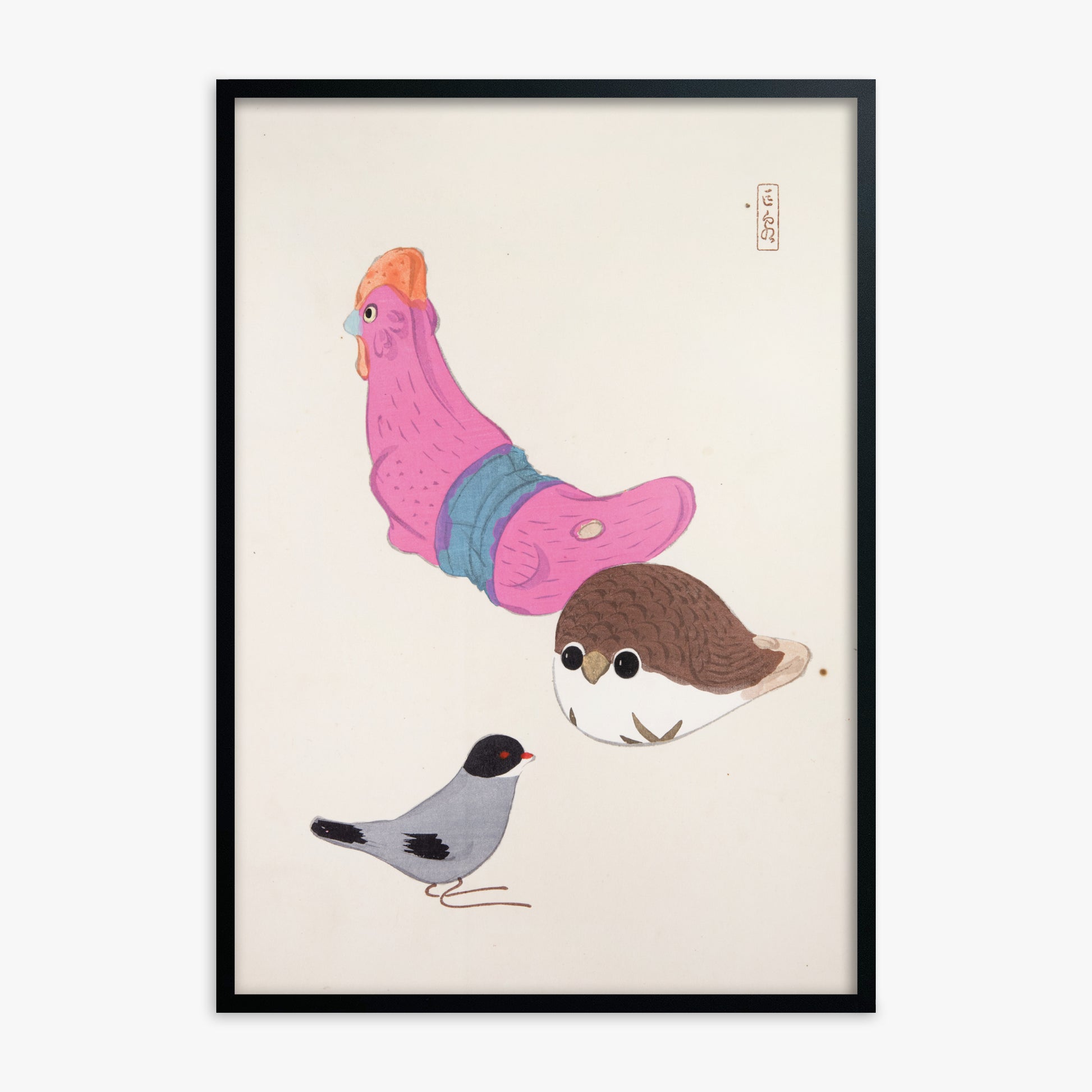 Kawasaki Kyosen: Kyosen’s Collected Illustrations of Japanese Toys Nr. 75 ("Avian Gathering"), Black Framed Art Reproduction With Black Frame