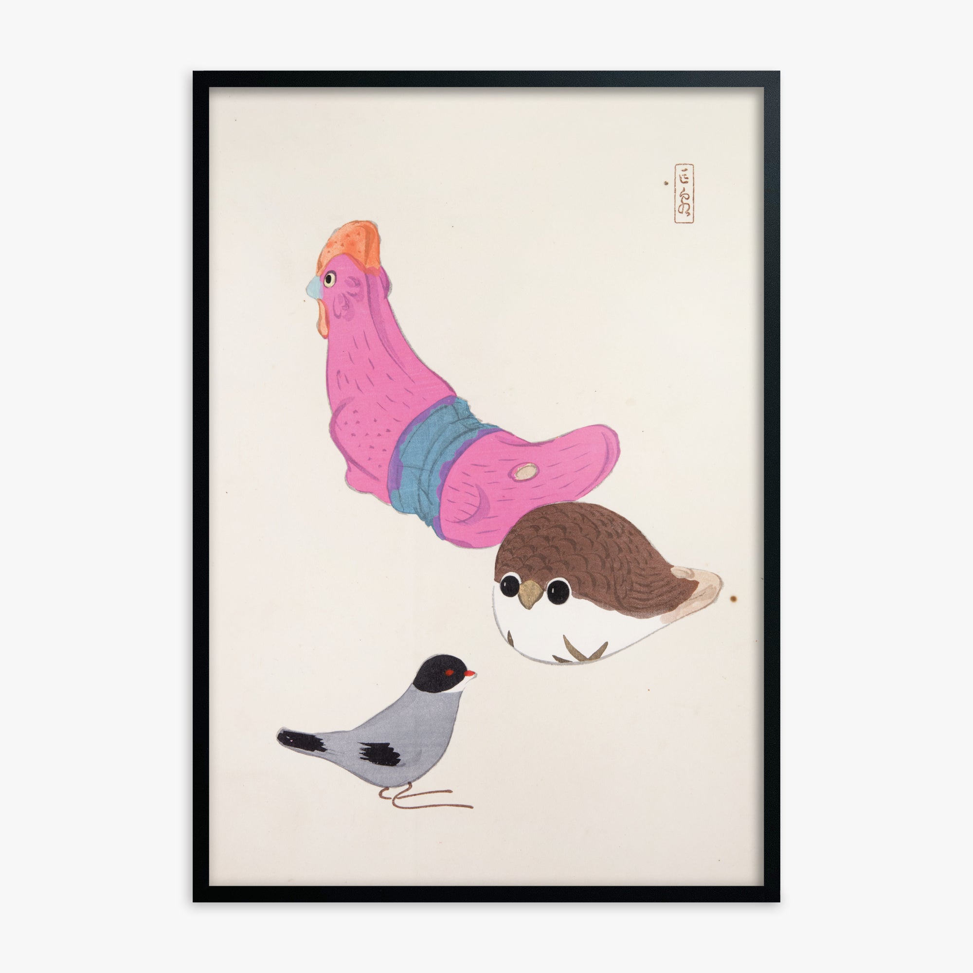 Kawasaki Kyosen: Kyosen’s Collected Illustrations of Japanese Toys Nr. 75 ("Avian Gathering"), Black Framed Art Reproduction With Black Frame