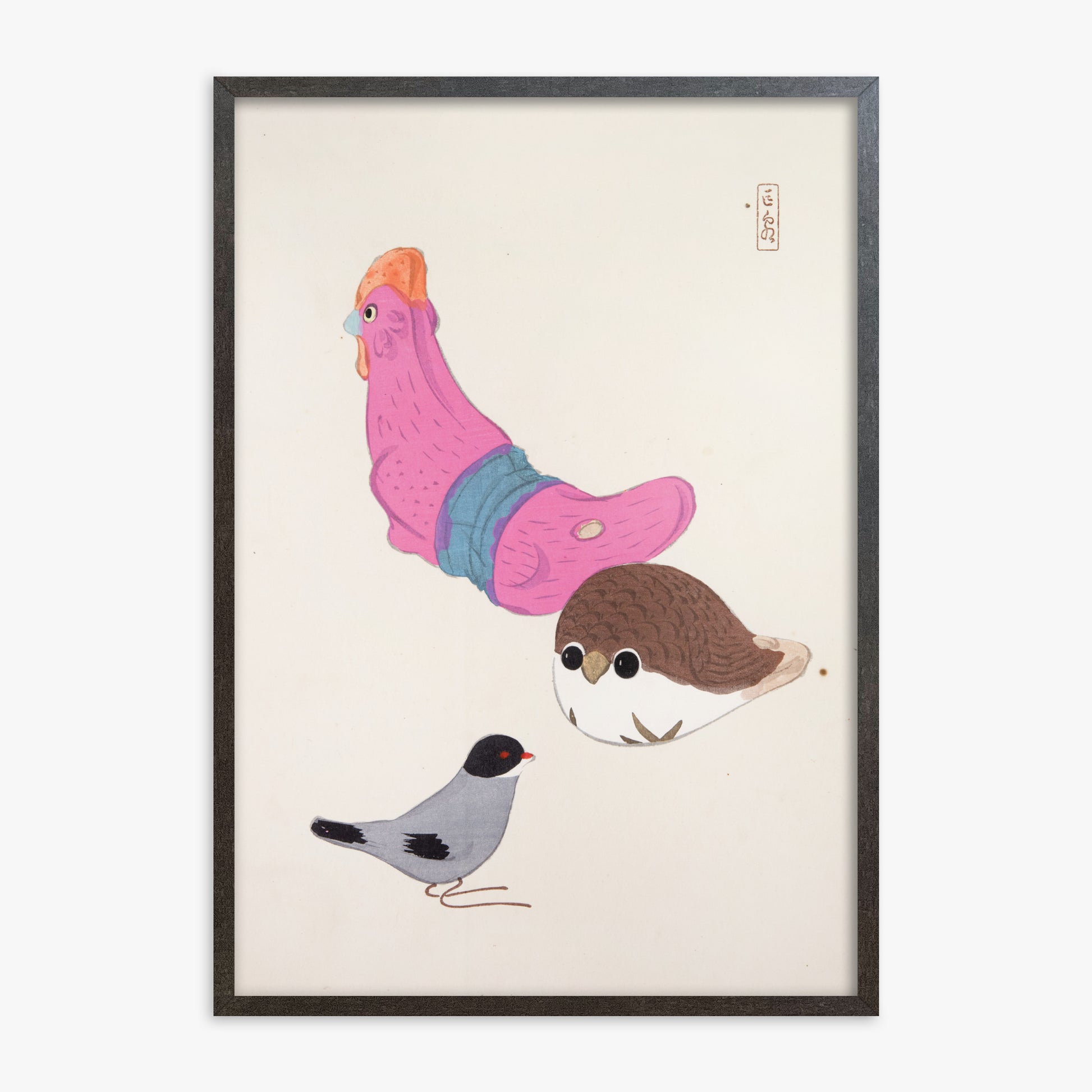 Kawasaki Kyosen: Kyosen’s Collected Illustrations of Japanese Toys Nr. 75 ("Avian Gathering"), 70x100cm Framed Art Reproduction With Espresso Frame