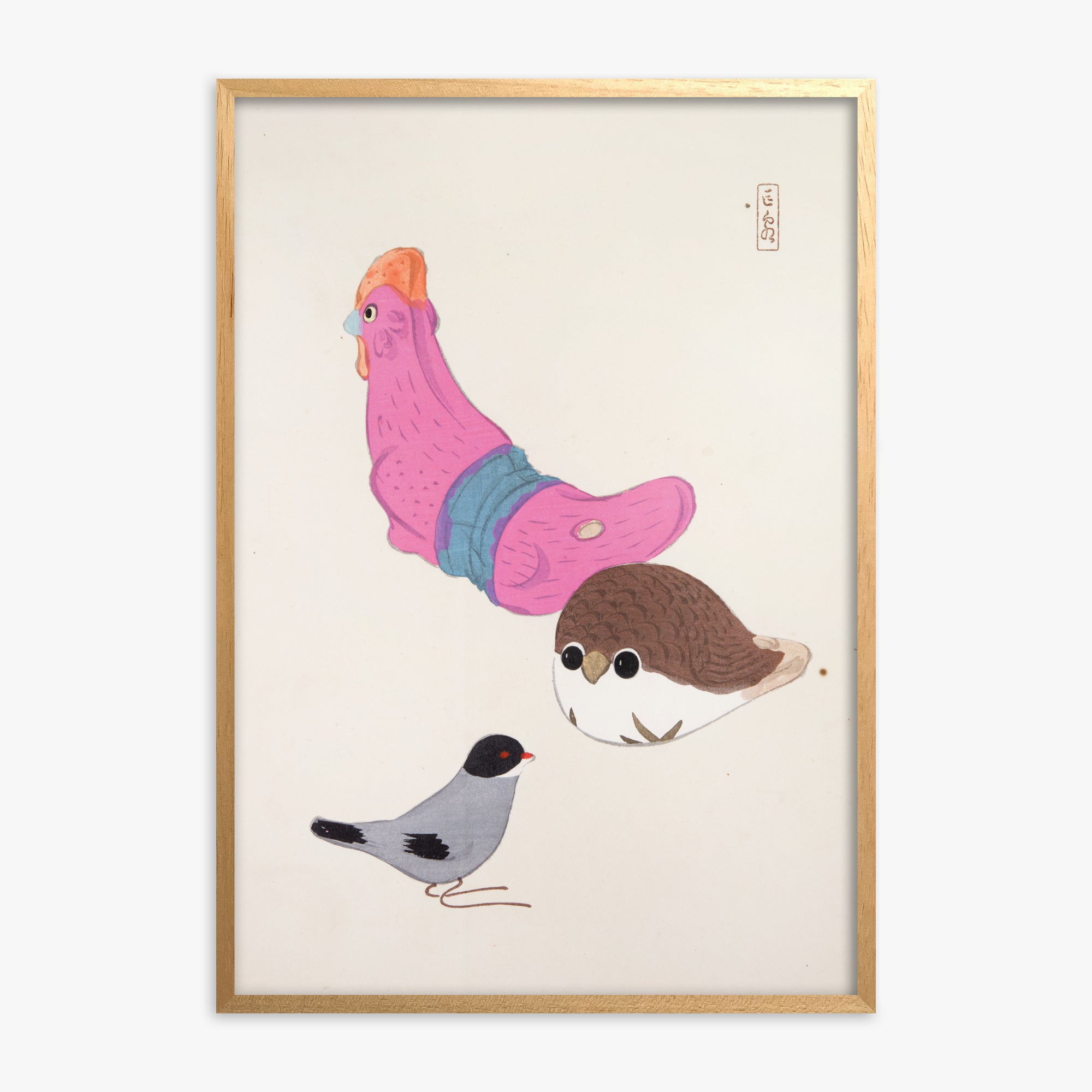 Kawasaki Kyosen: Kyosen’s Collected Illustrations of Japanese Toys Nr. 75 ("Avian Gathering"), Oak Framed Art Reproduction With Oak Frame