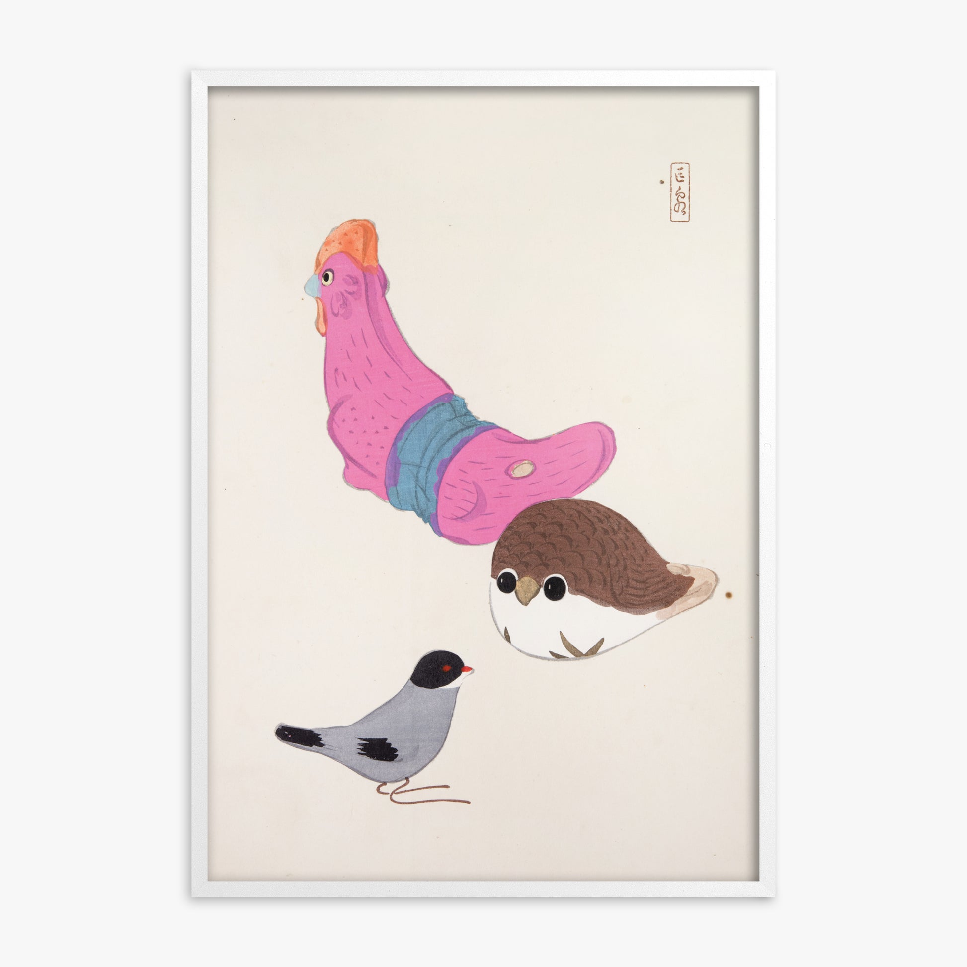 Kawasaki Kyosen: Kyosen’s Collected Illustrations of Japanese Toys Nr. 75 ("Avian Gathering"), White Framed Art Reproduction With White Frame