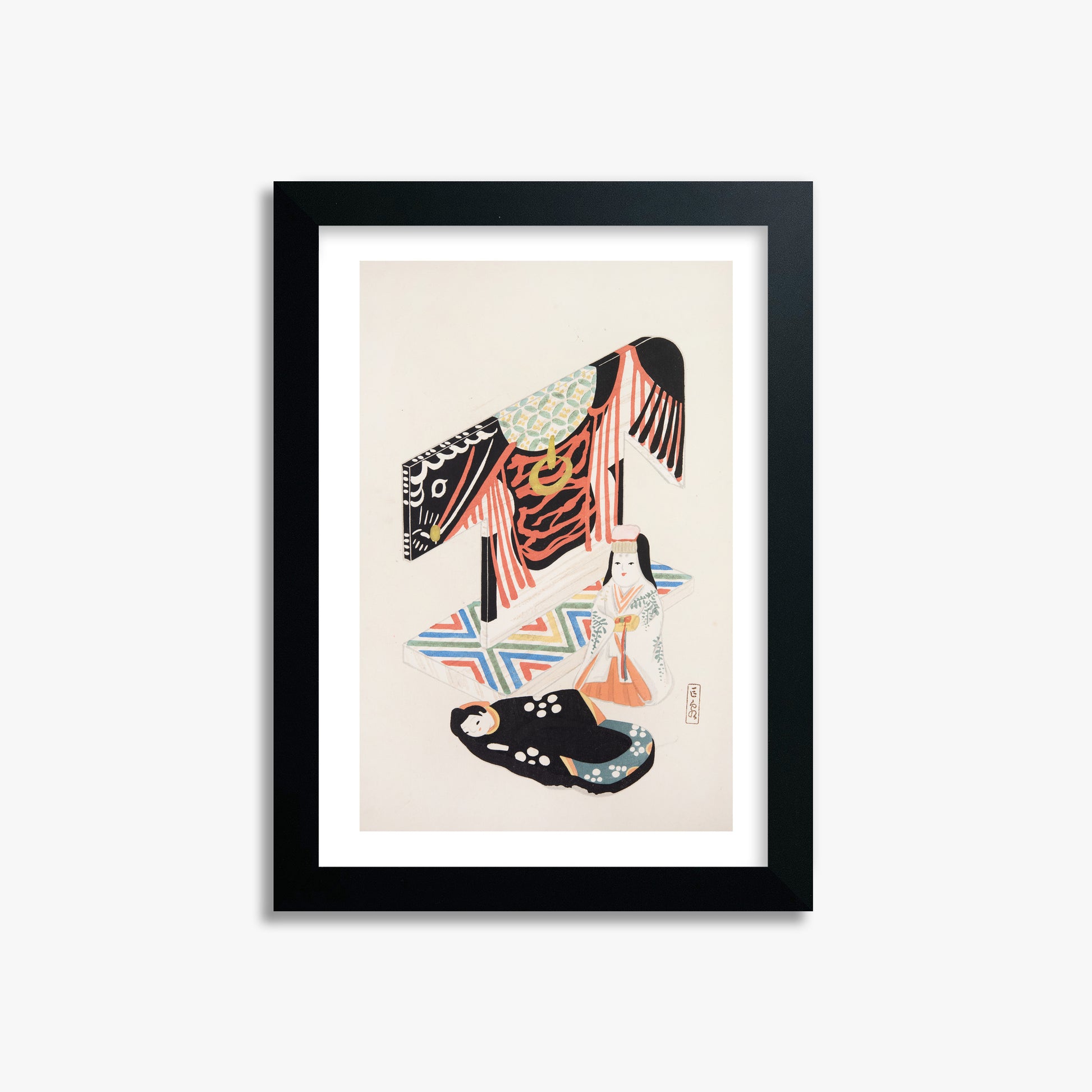 Kawasaki Kyosen: Kyosen’s Collected Illustrations of Japanese Toys Nr. 77 ("Kimono Ceremony"), 21x30cm Framed Art Reproduction With Black Frame