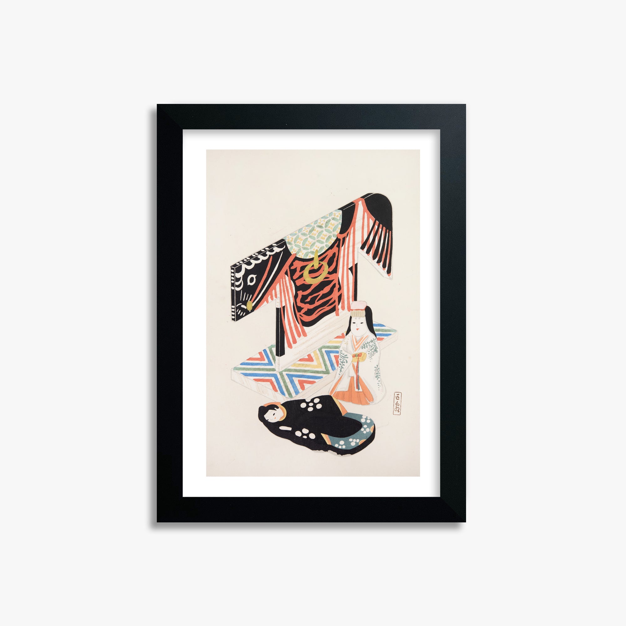 Kawasaki Kyosen: Kyosen’s Collected Illustrations of Japanese Toys Nr. 77 ("Kimono Ceremony"), 21x30cm Framed Art Reproduction With Black Frame