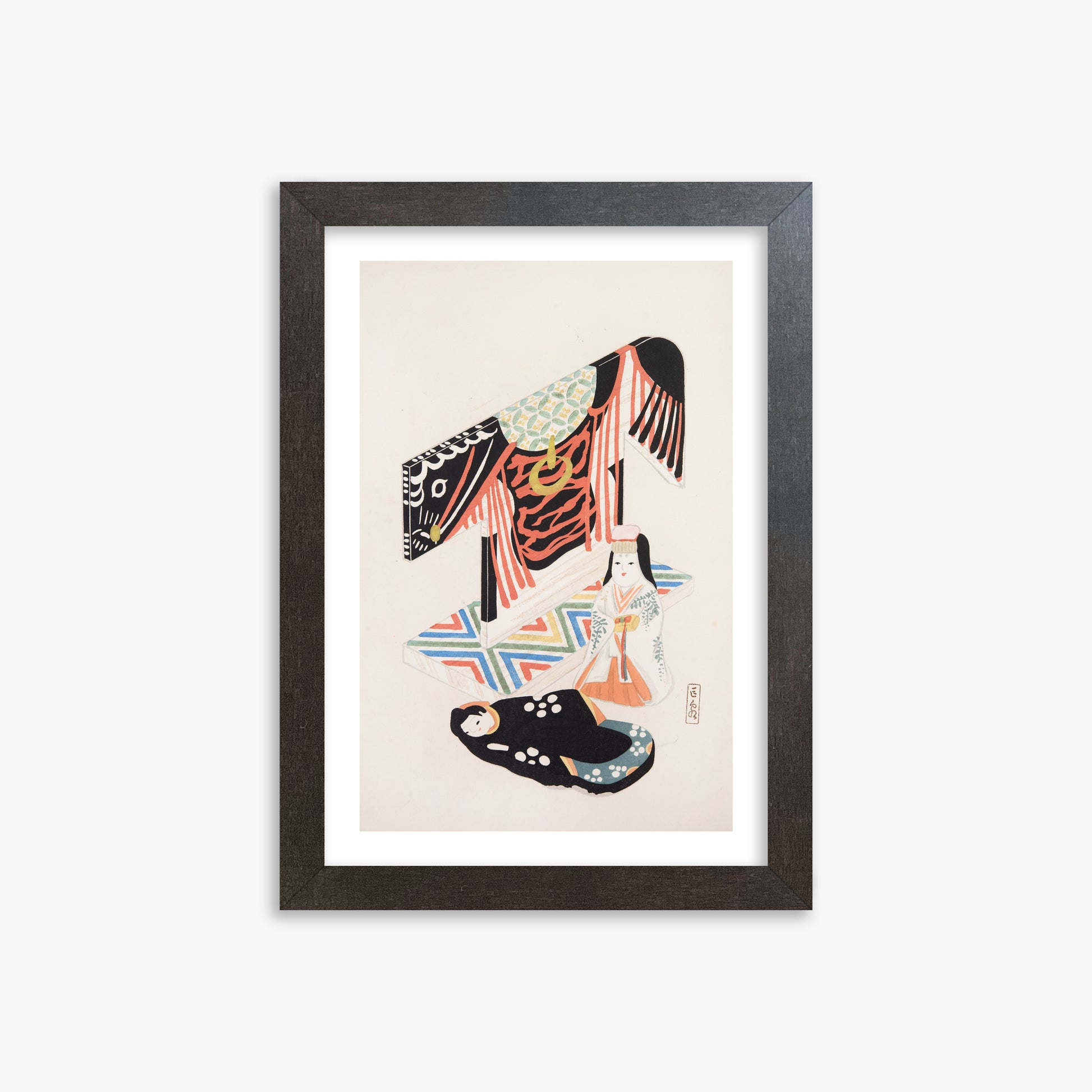 Kawasaki Kyosen: Kyosen’s Collected Illustrations of Japanese Toys Nr. 77 ("Kimono Ceremony"), 21x30cm Framed Art Reproduction With Espresso Frame
