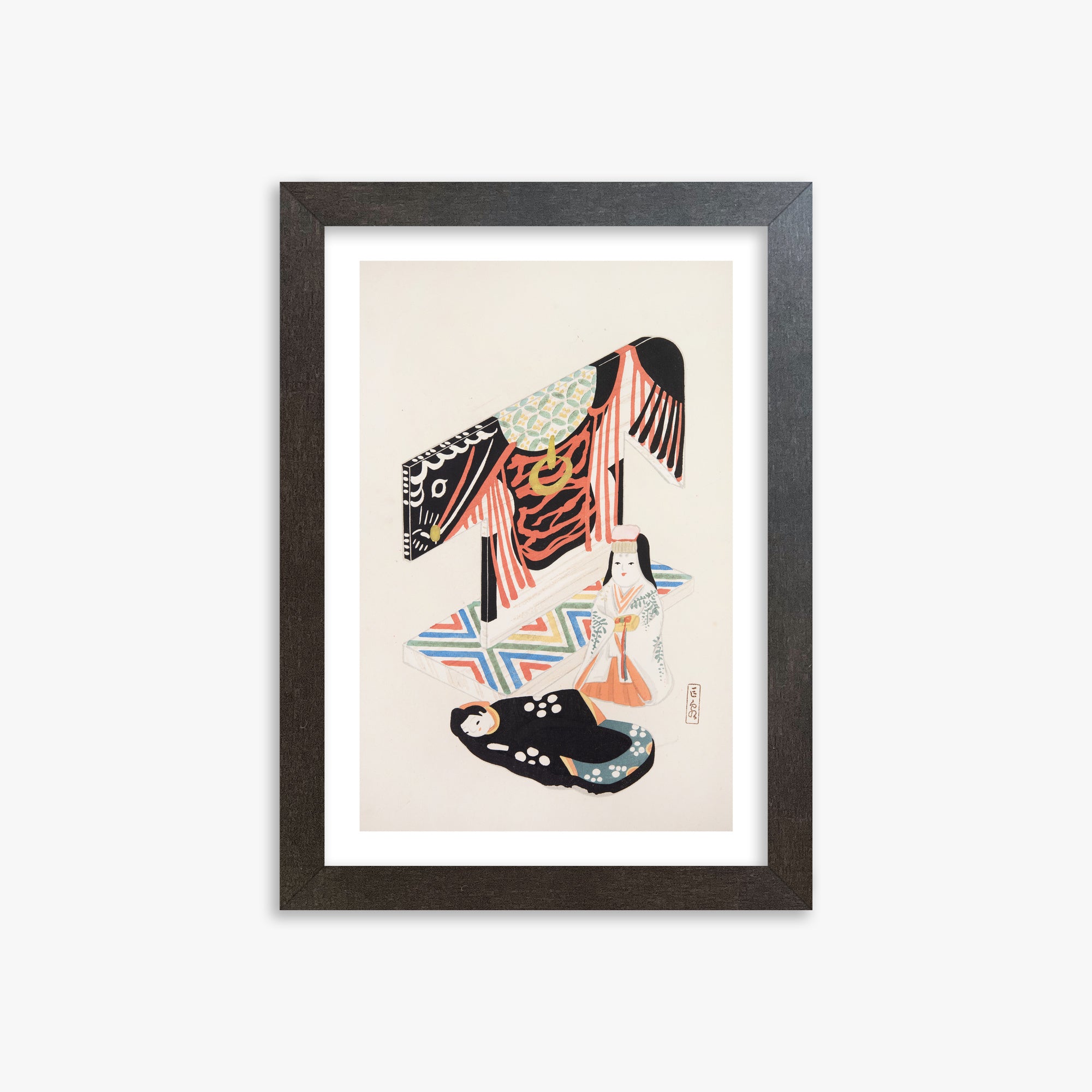 Kawasaki Kyosen: Kyosen’s Collected Illustrations of Japanese Toys Nr. 77 ("Kimono Ceremony"), 21x30cm Framed Art Reproduction With Espresso Frame