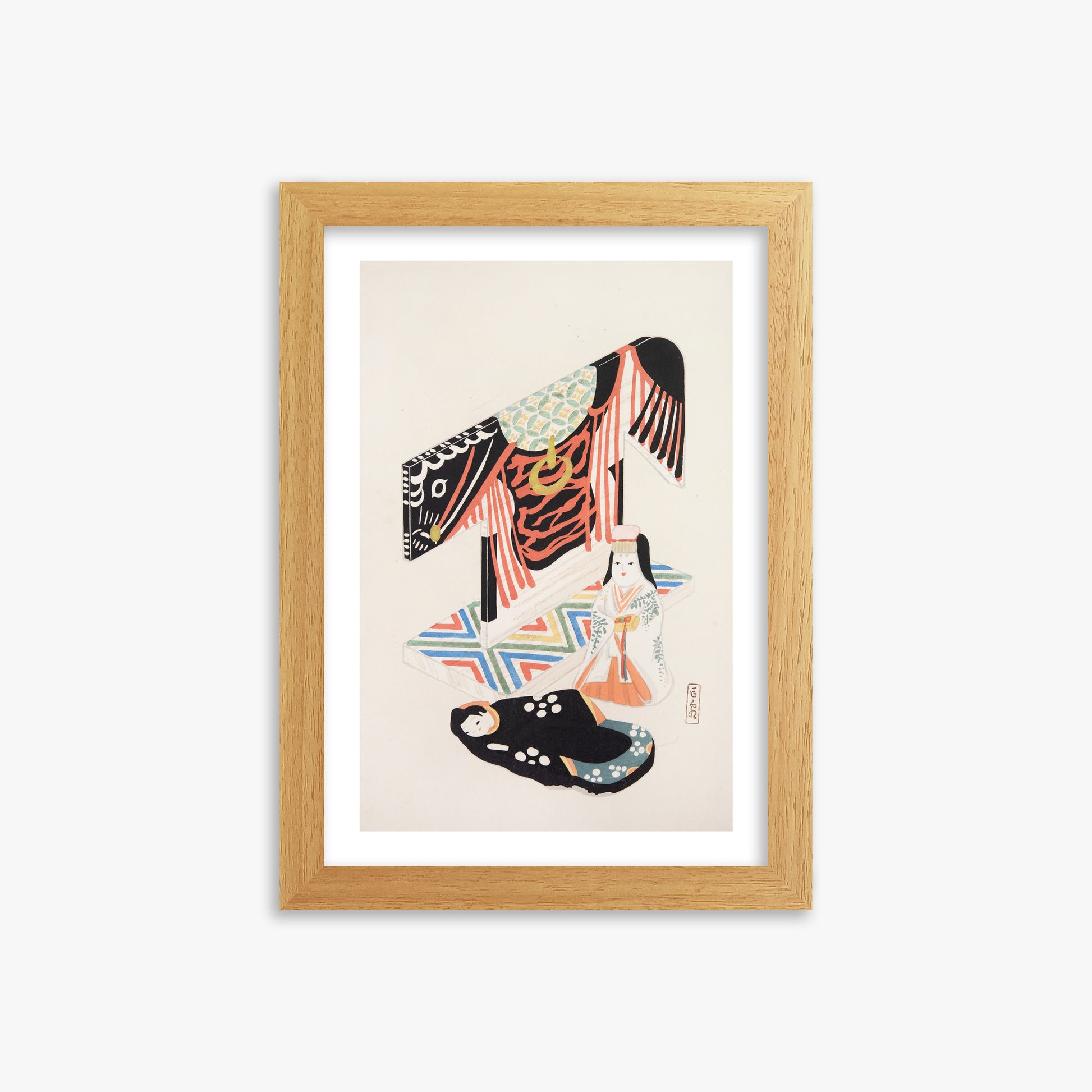 Kawasaki Kyosen: Kyosen’s Collected Illustrations of Japanese Toys Nr. 77 ("Kimono Ceremony"), 21x30cm Framed Art Reproduction With Oak Frame