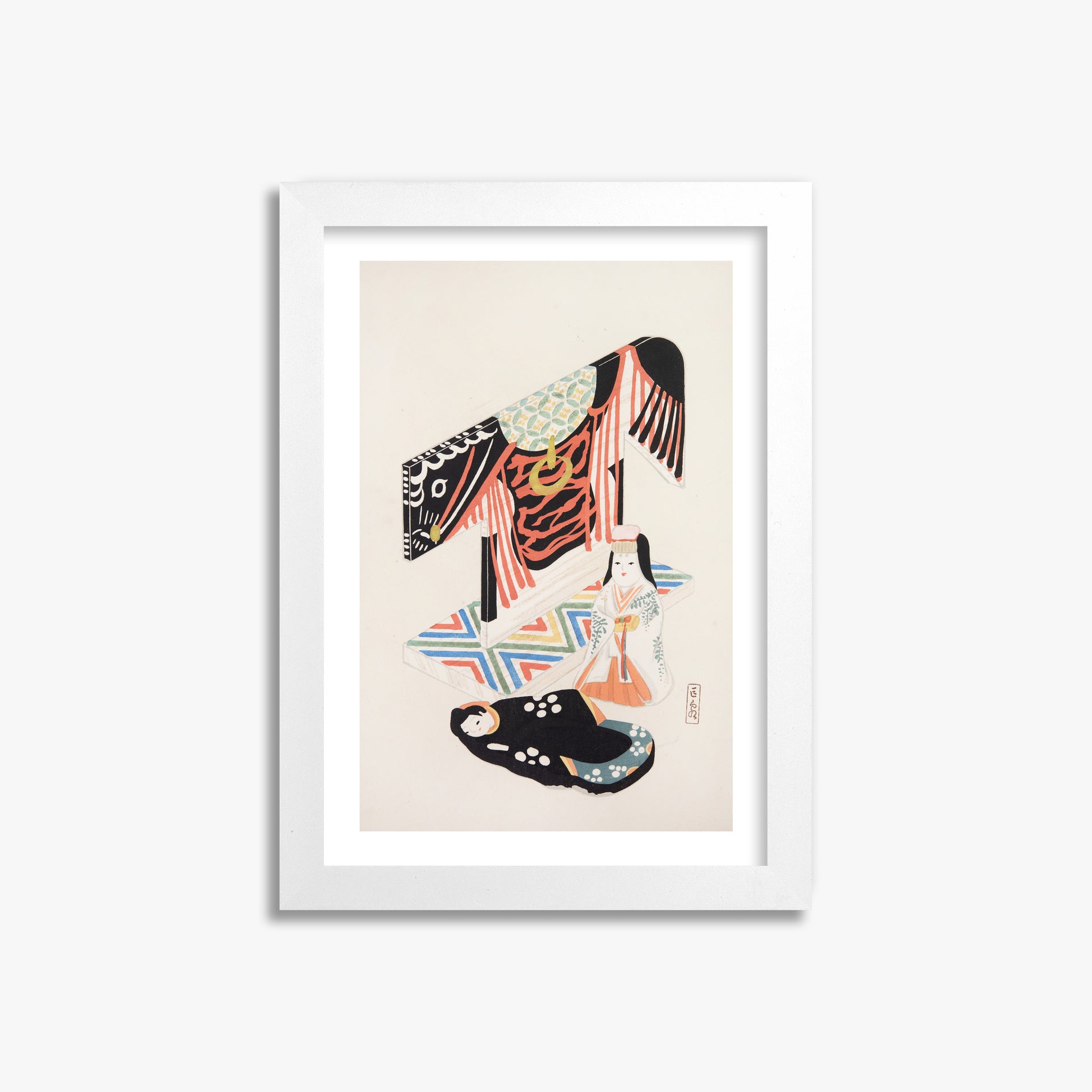 Kawasaki Kyosen: Kyosen’s Collected Illustrations of Japanese Toys Nr. 77 ("Kimono Ceremony"), 21x30cm Framed Art Reproduction With White Frame