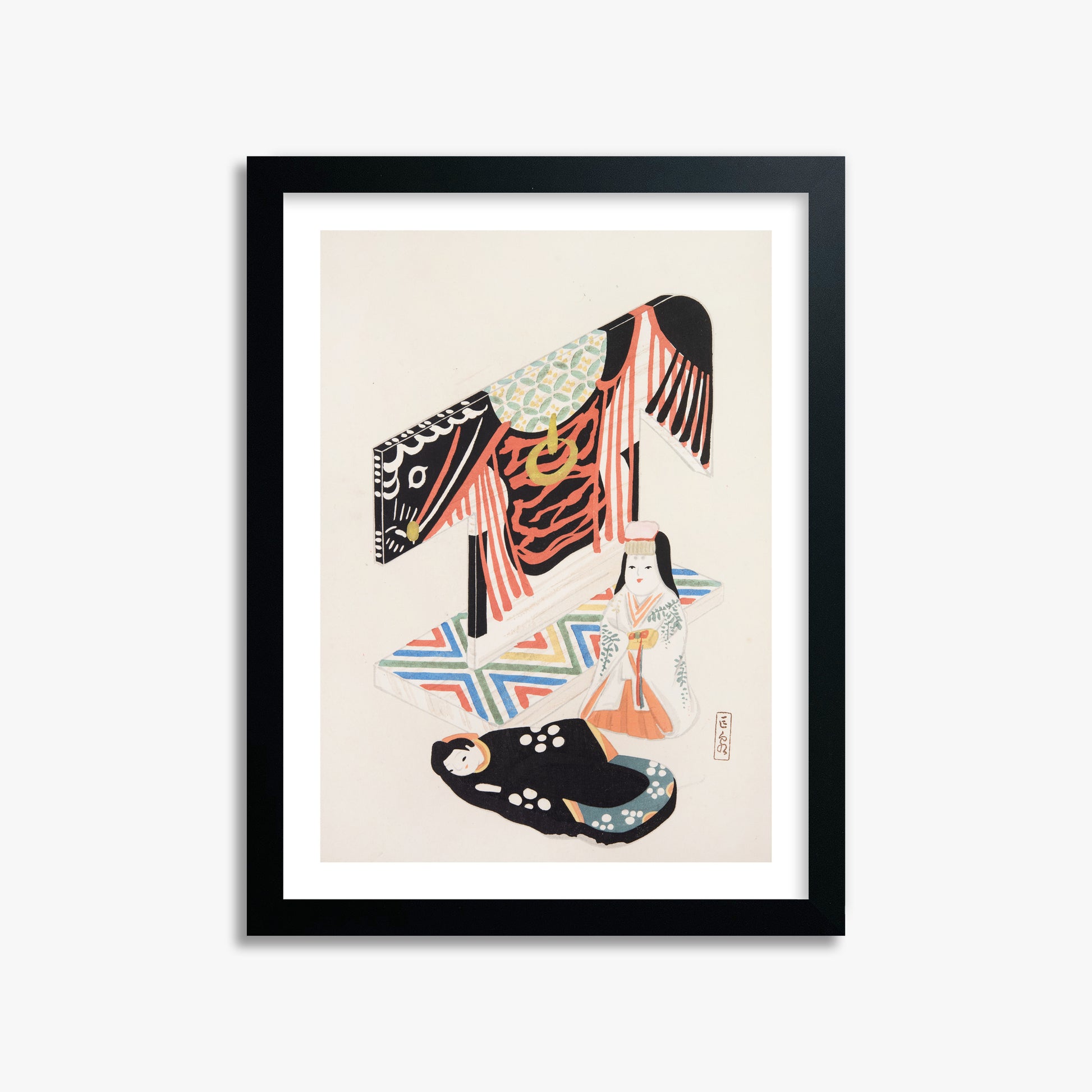 Kawasaki Kyosen: Kyosen’s Collected Illustrations of Japanese Toys Nr. 77 ("Kimono Ceremony"), 30x40cm Framed Art Reproduction With Black Frame