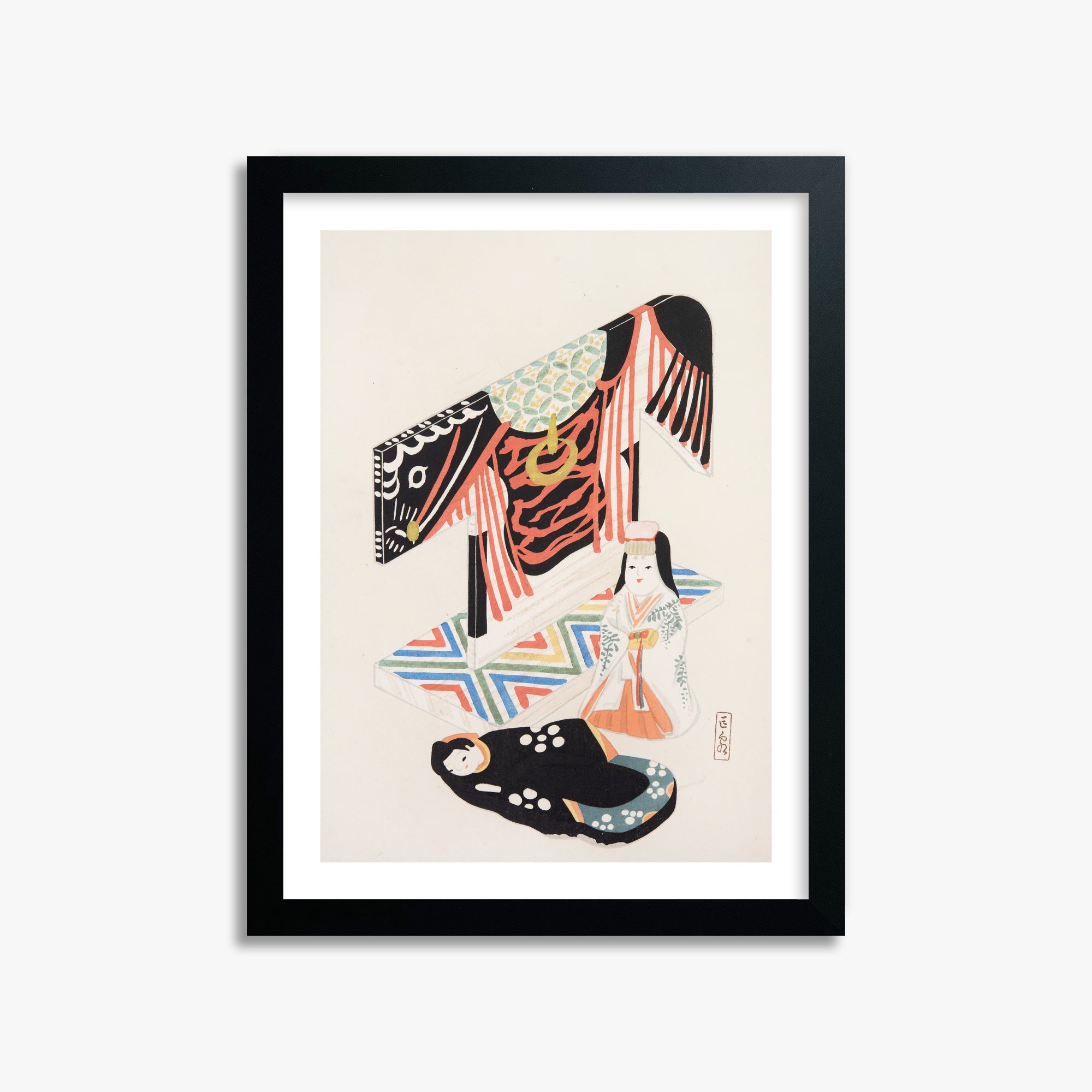 Kawasaki Kyosen: Kyosen’s Collected Illustrations of Japanese Toys Nr. 77 ("Kimono Ceremony"), 30x40cm Framed Art Reproduction With Black Frame