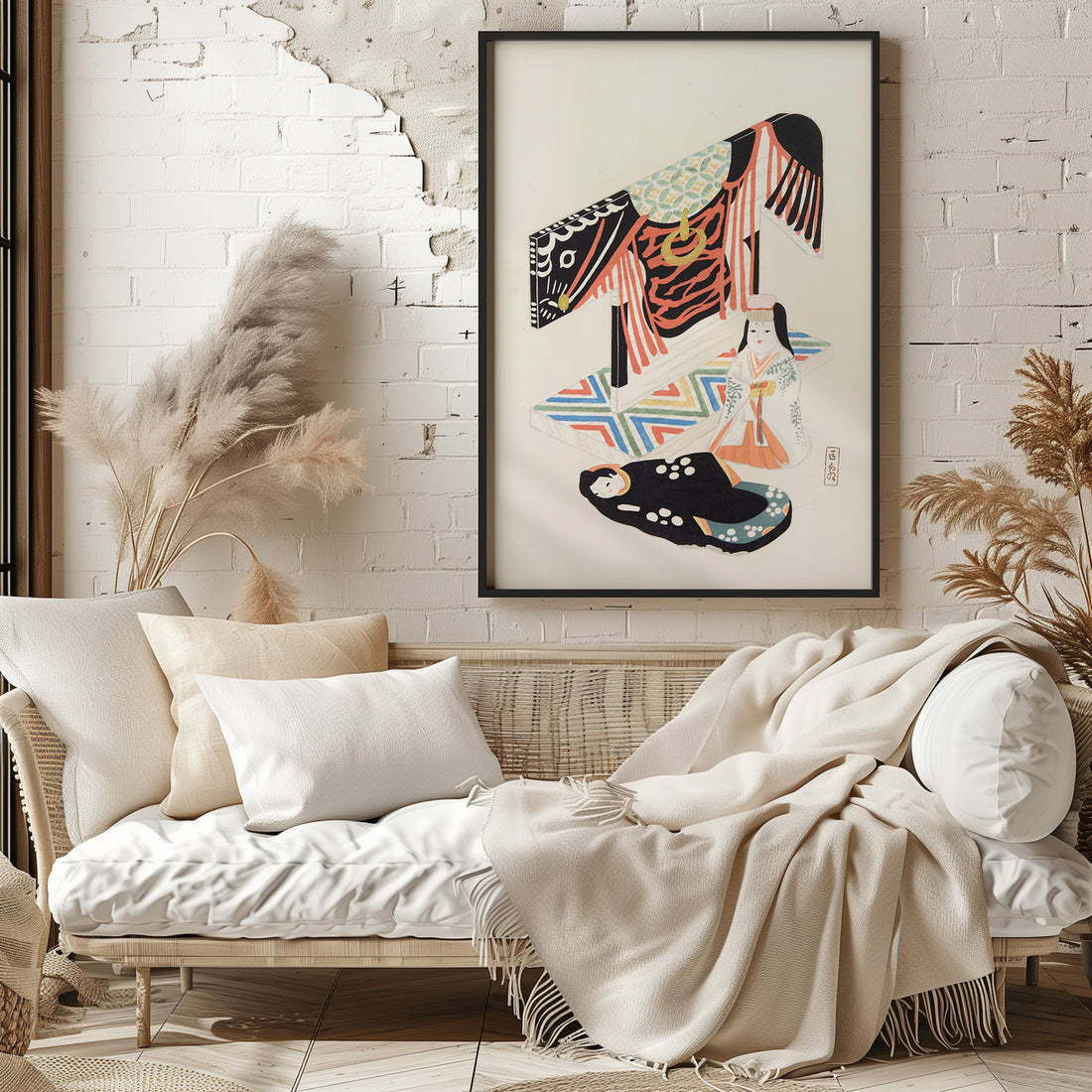 Kawasaki Kyosen: Kyosen’s Collected Illustrations of Japanese Toys Nr. 77 ("Kimono Ceremony"), 50x70cm Framed Art Reproduction With Black Frame