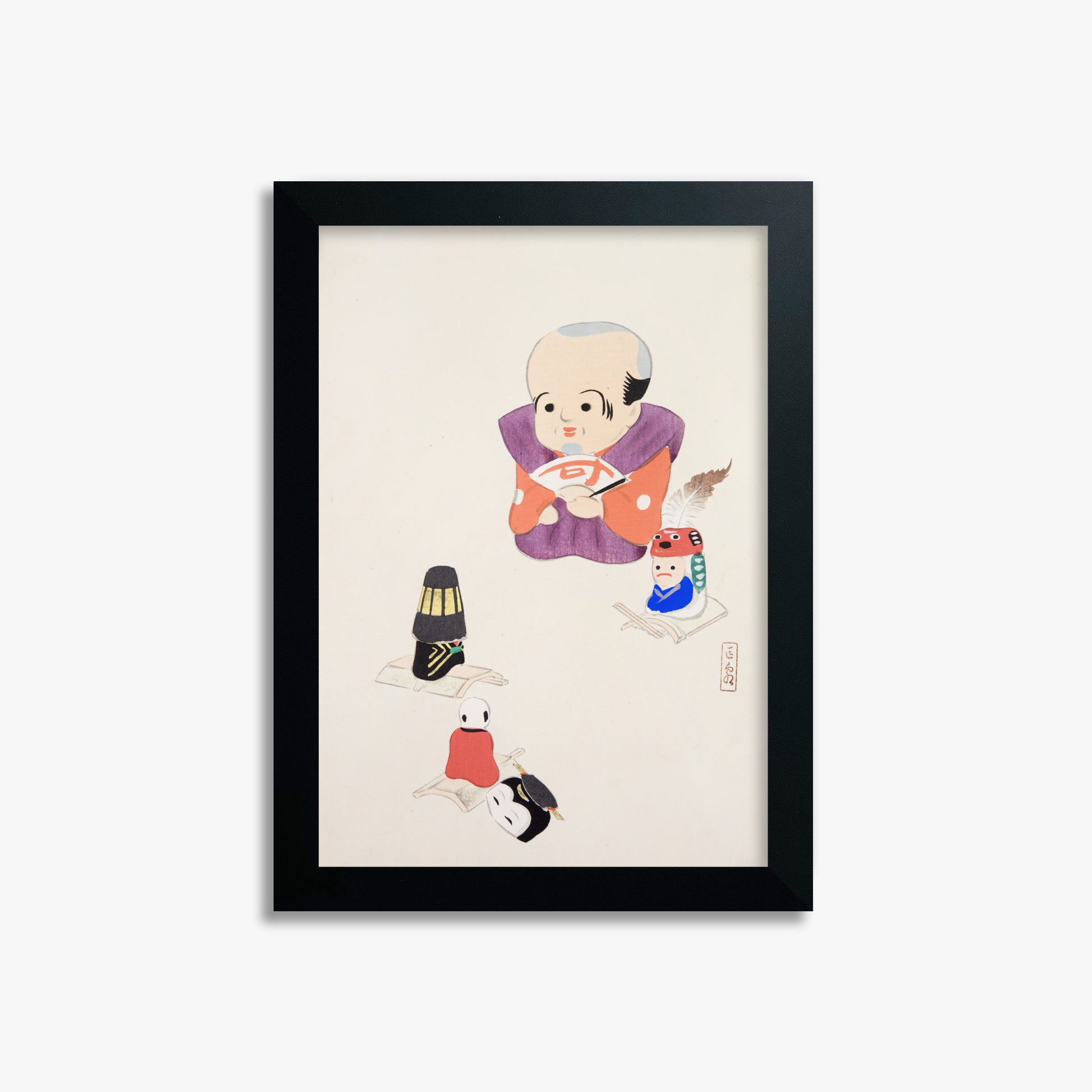 Kawasaki Kyosen: Kyosen’s Collected Illustrations of Japanese Toys Nr. 78 ("Traditional Oriental Toys"), 21x30cm Framed Art Reproduction With Black Frame