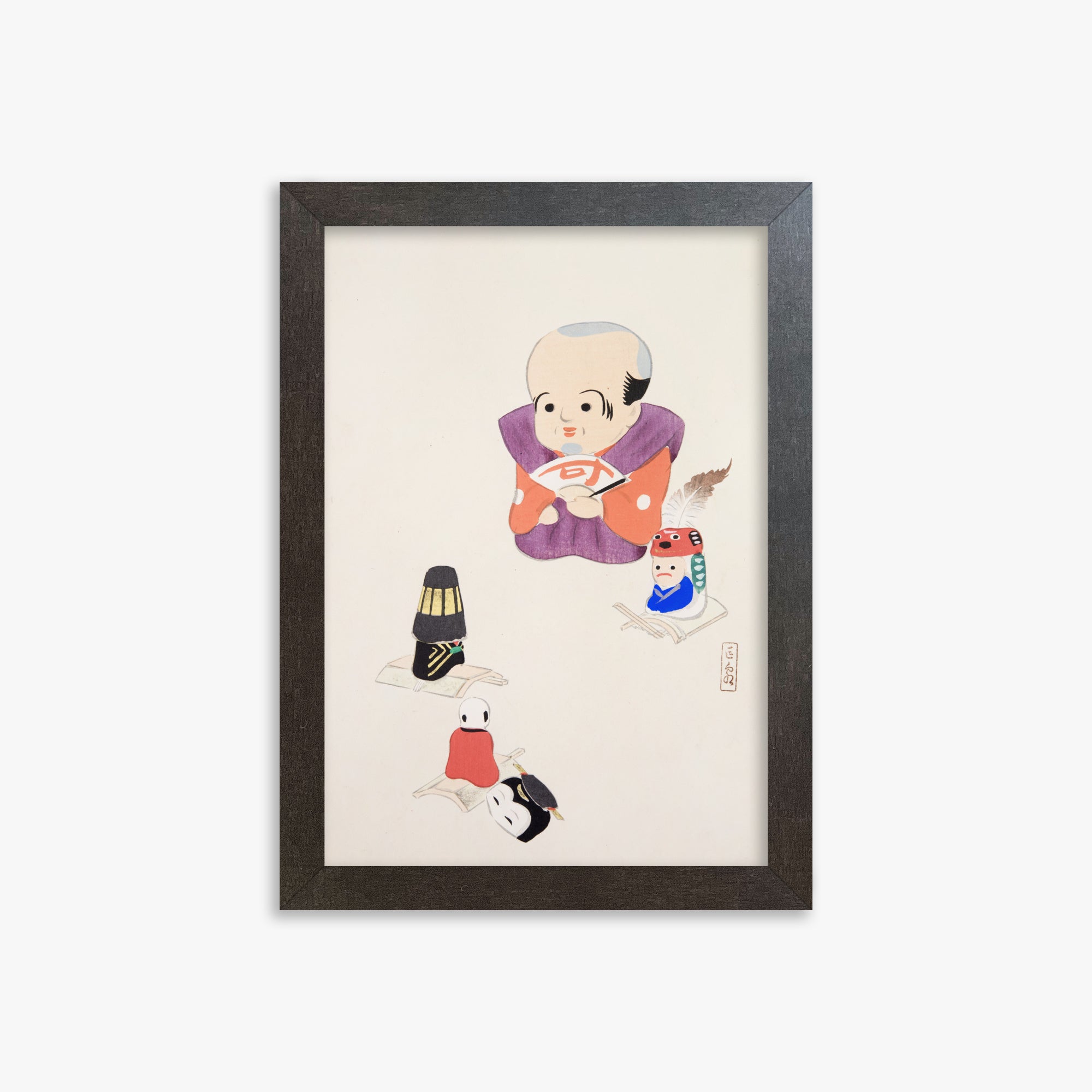 Kawasaki Kyosen: Kyosen’s Collected Illustrations of Japanese Toys Nr. 78 ("Traditional Oriental Toys"), 21x30cm Framed Art Reproduction With Espresso Frame