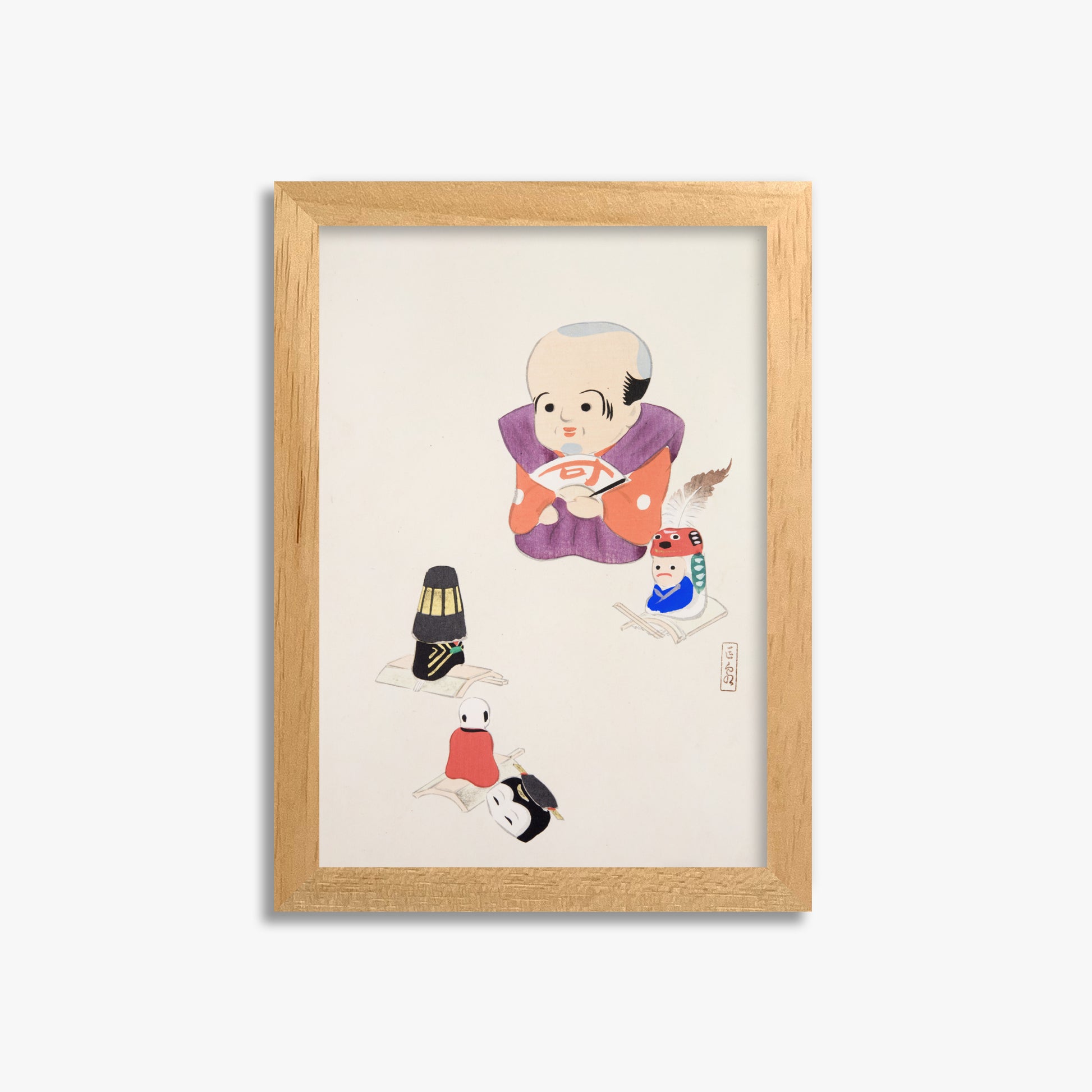 Kawasaki Kyosen: Kyosen’s Collected Illustrations of Japanese Toys Nr. 78 ("Traditional Oriental Toys"), 21x30cm Framed Art Reproduction With Oak Frame