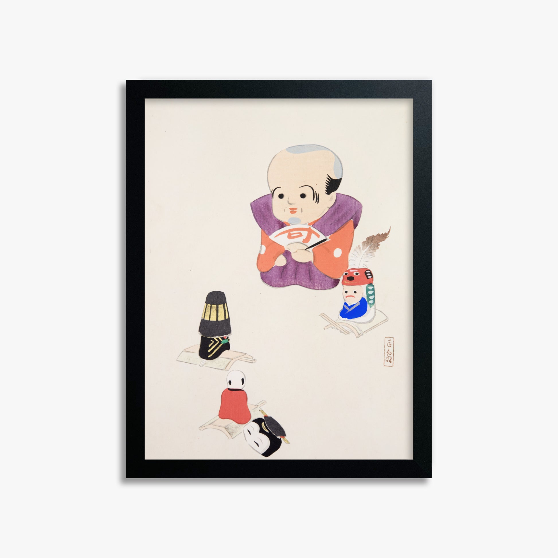 Kawasaki Kyosen: Kyosen’s Collected Illustrations of Japanese Toys Nr. 78 ("Traditional Oriental Toys"), 30x40cm Framed Art Reproduction With Black Frame