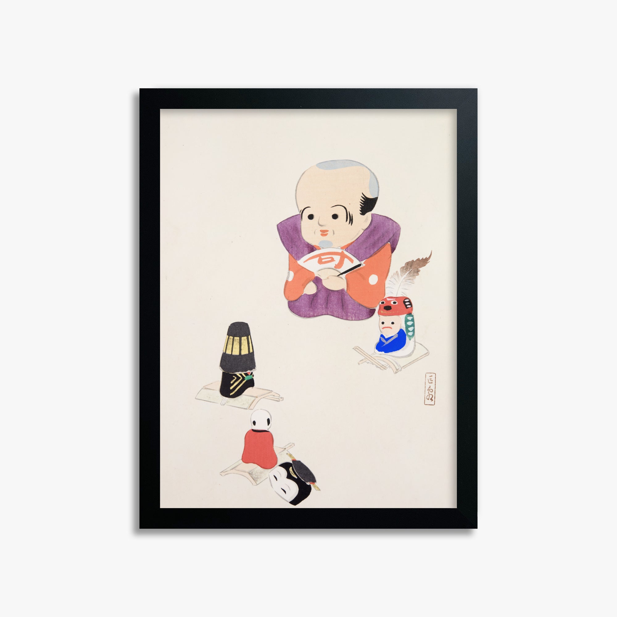 Kawasaki Kyosen: Kyosen’s Collected Illustrations of Japanese Toys Nr. 78 ("Traditional Oriental Toys"), 30x40cm Framed Art Reproduction With Black Frame