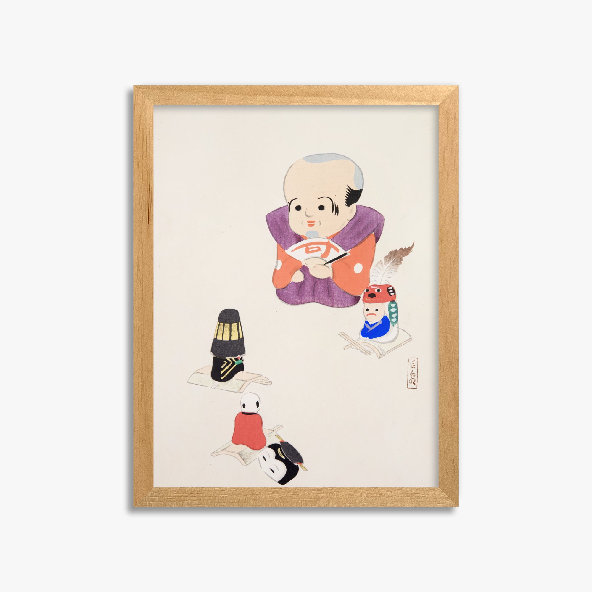 Kawasaki Kyosen: Kyosen’s Collected Illustrations of Japanese Toys Nr. 78 ("Traditional Oriental Toys"), 30x40cm Framed Art Reproduction With Oak Frame