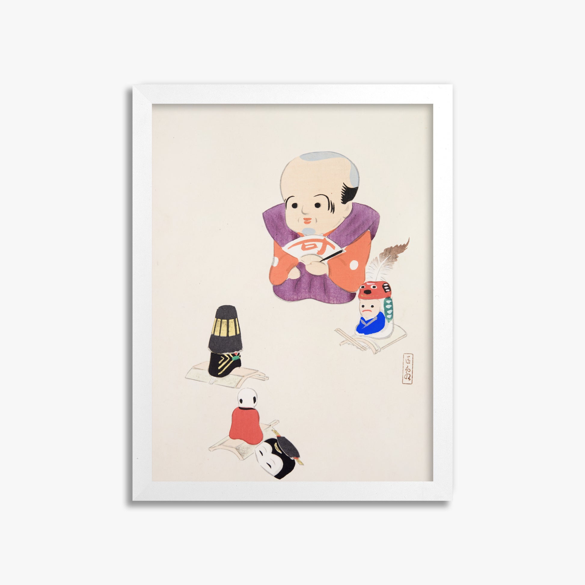 Kawasaki Kyosen: Kyosen’s Collected Illustrations of Japanese Toys Nr. 78 ("Traditional Oriental Toys"), 30x40cm Framed Art Reproduction With White Frame