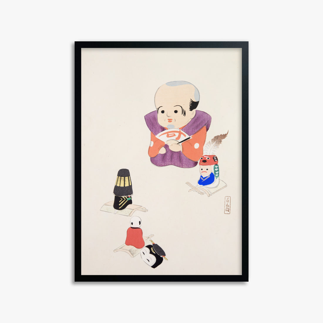 Kawasaki Kyosen: Kyosen’s Collected Illustrations of Japanese Toys Nr. 78 ("Traditional Oriental Toys"), 50x70cm Framed Art Reproduction With Black Frame