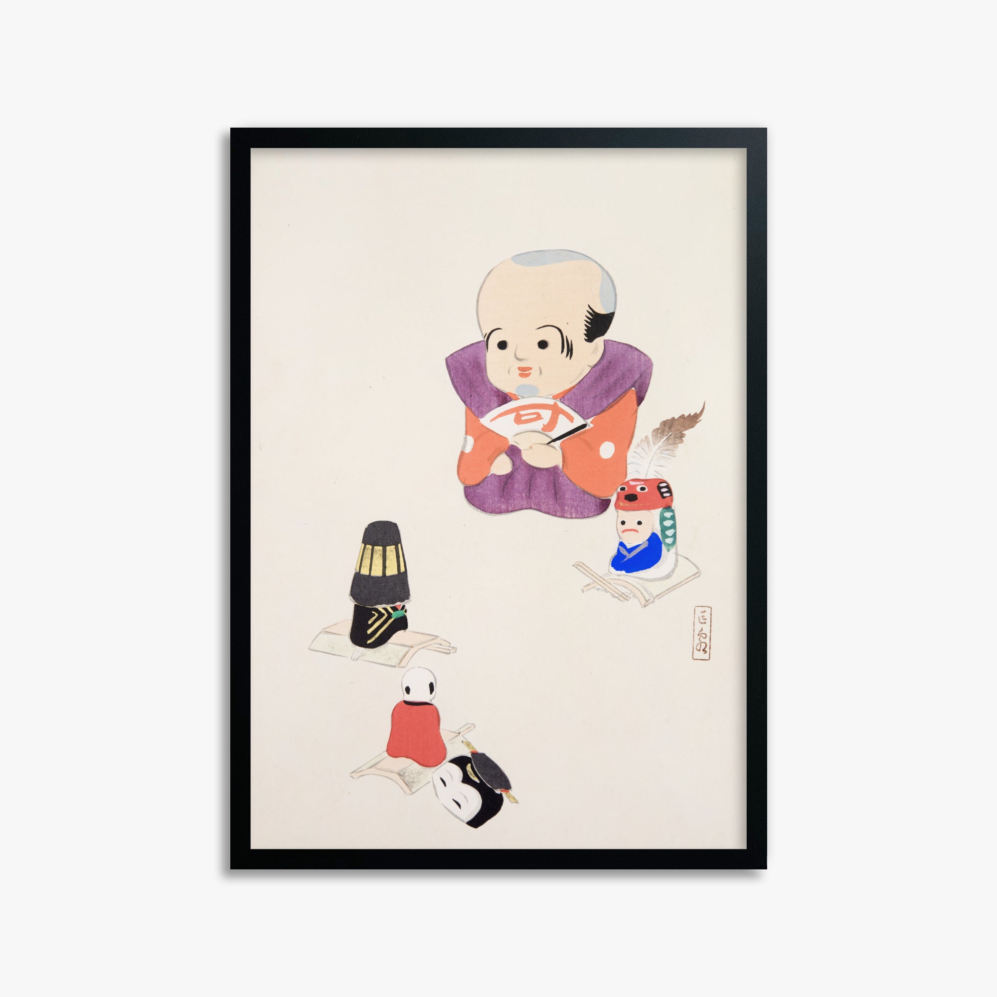 Kawasaki Kyosen: Kyosen’s Collected Illustrations of Japanese Toys Nr. 78 ("Traditional Oriental Toys"), 50x70cm Framed Art Reproduction With Black Frame
