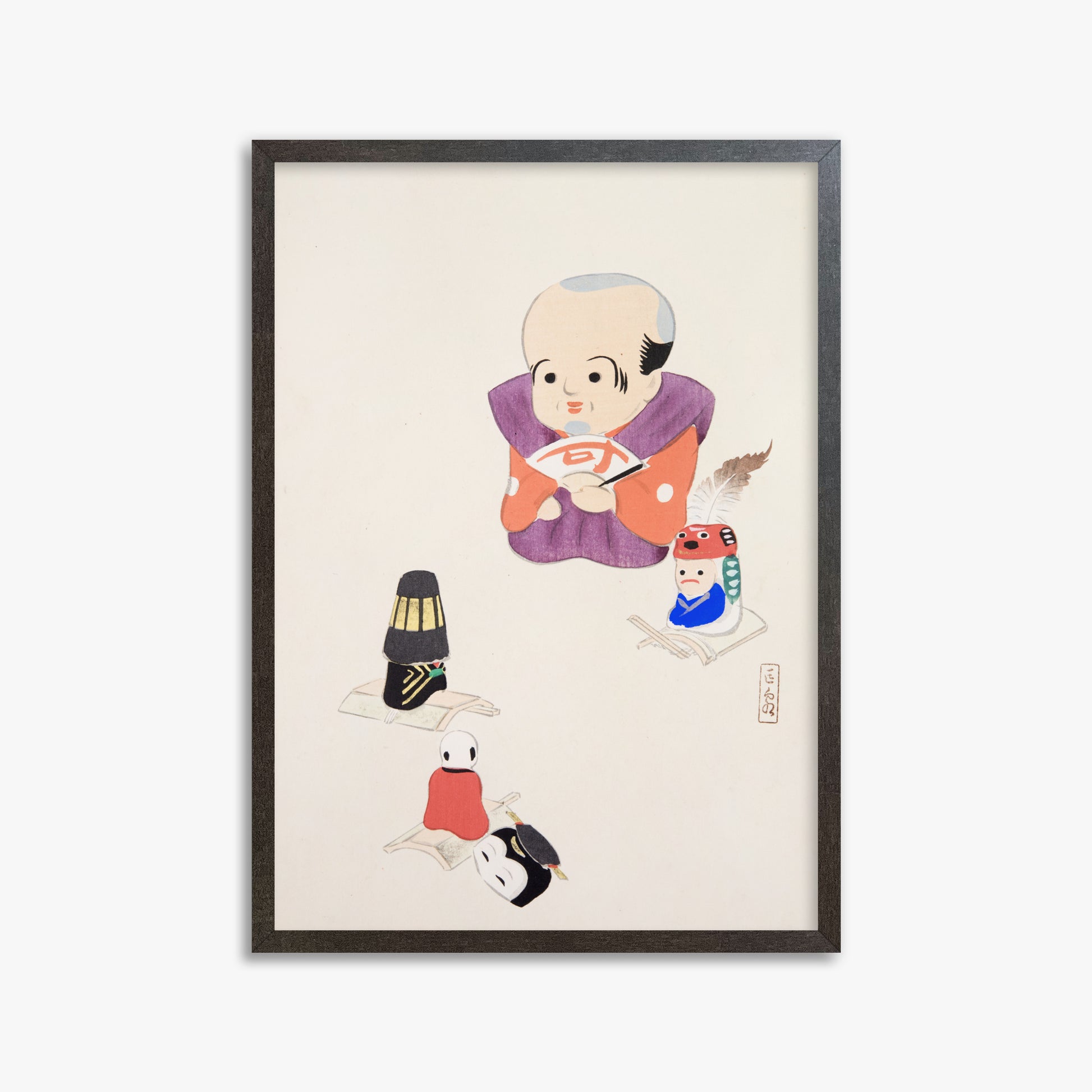 Kawasaki Kyosen: Kyosen’s Collected Illustrations of Japanese Toys Nr. 78 ("Traditional Oriental Toys"), 50x70cm Framed Art Reproduction With Espresso Frame