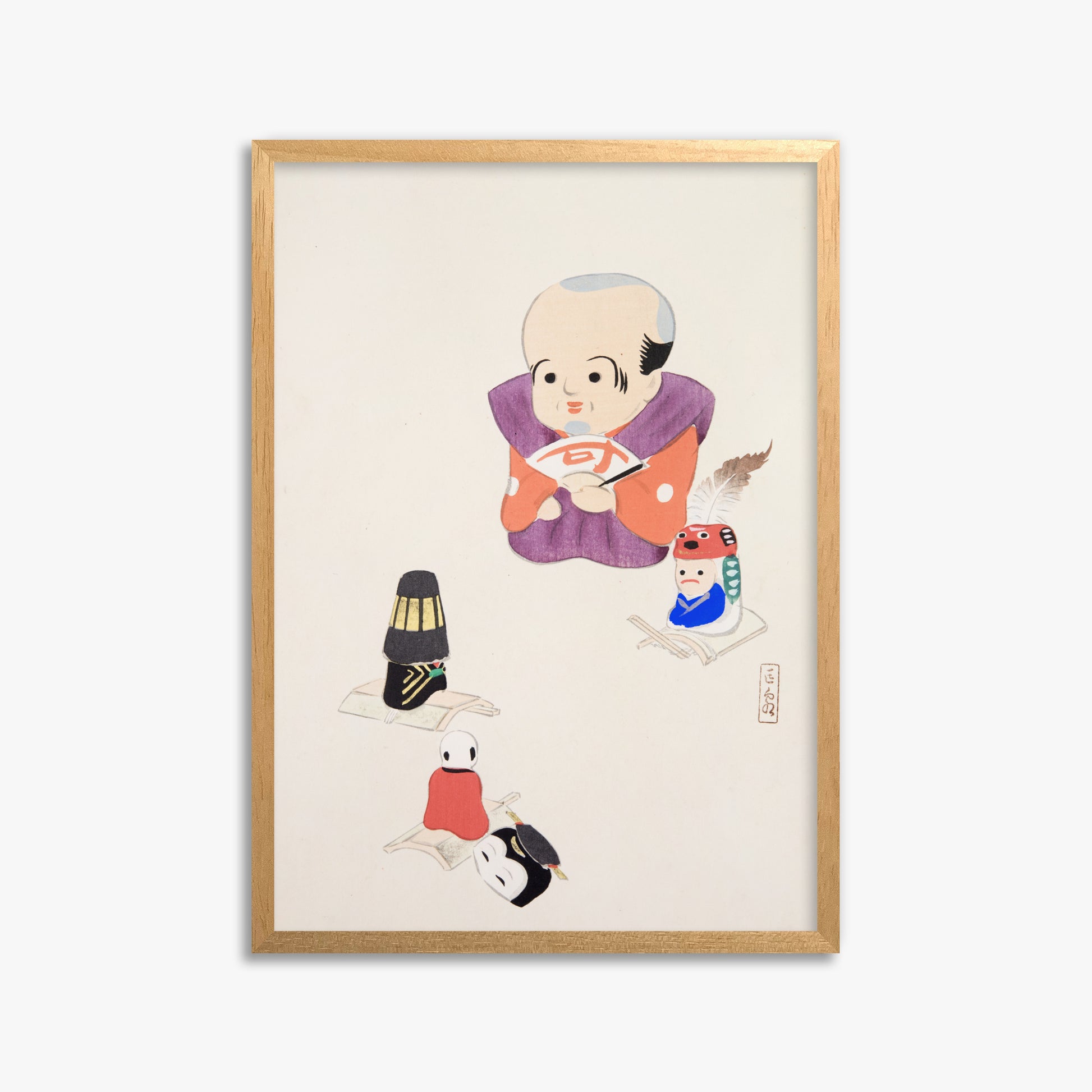 Kawasaki Kyosen: Kyosen’s Collected Illustrations of Japanese Toys Nr. 78 ("Traditional Oriental Toys"), 50x70cm Framed Art Reproduction With Oak Frame